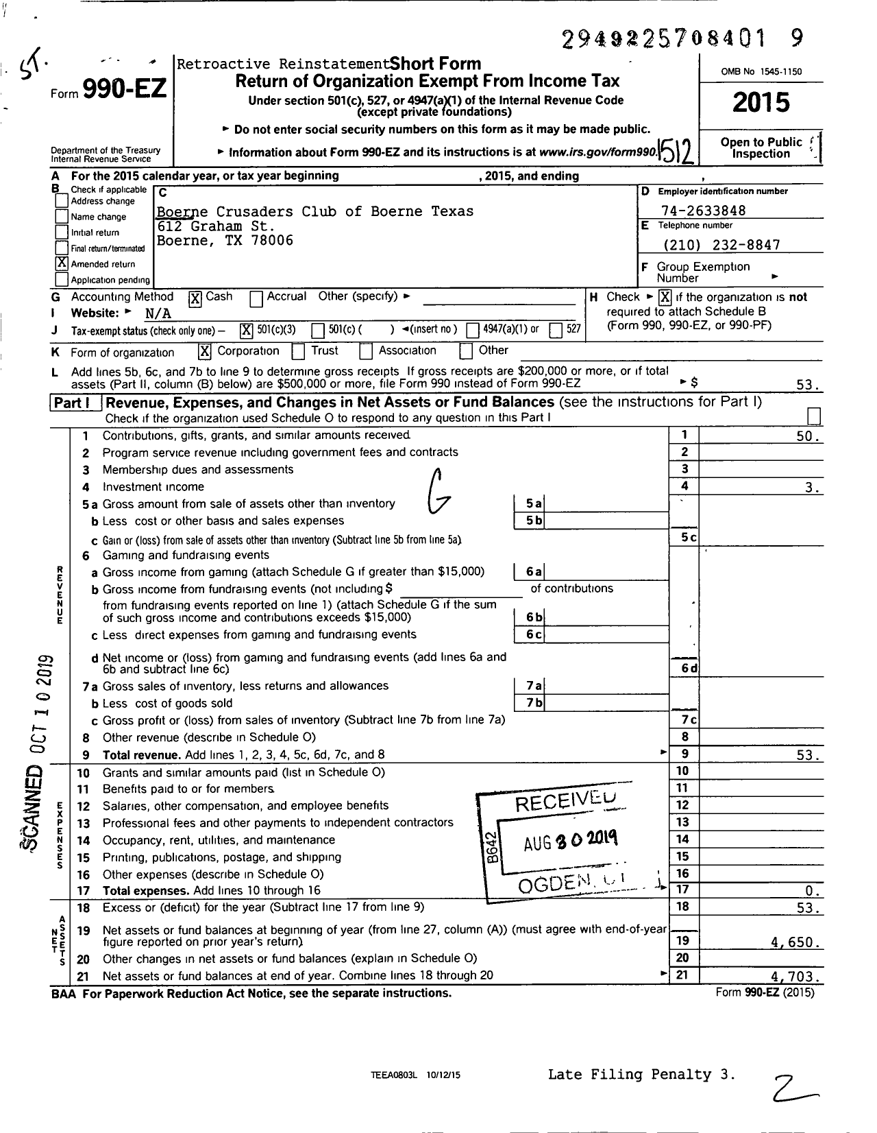 Image of first page of 2015 Form 990EZ for Boerne Crusaders Club of Boerne Texas