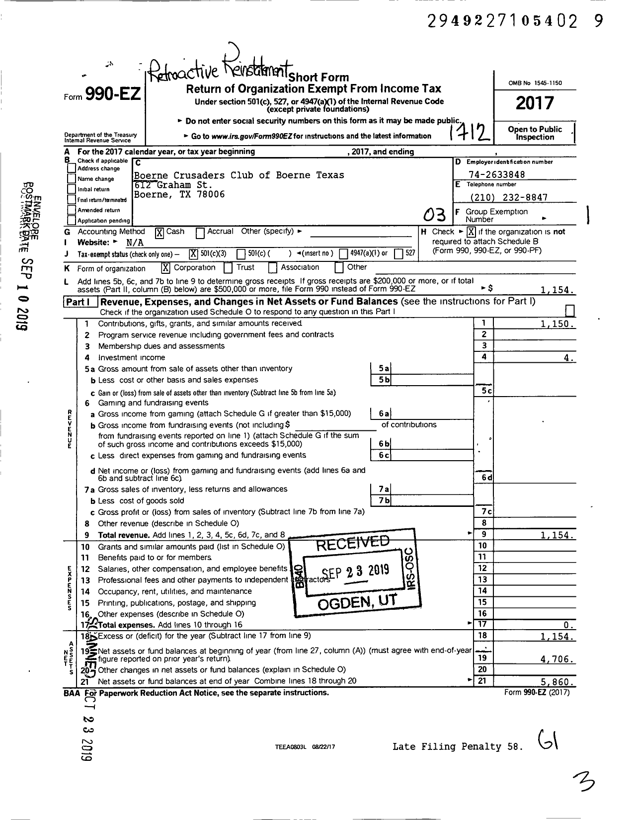 Image of first page of 2017 Form 990EZ for Boerne Crusaders Club of Boerne Texas