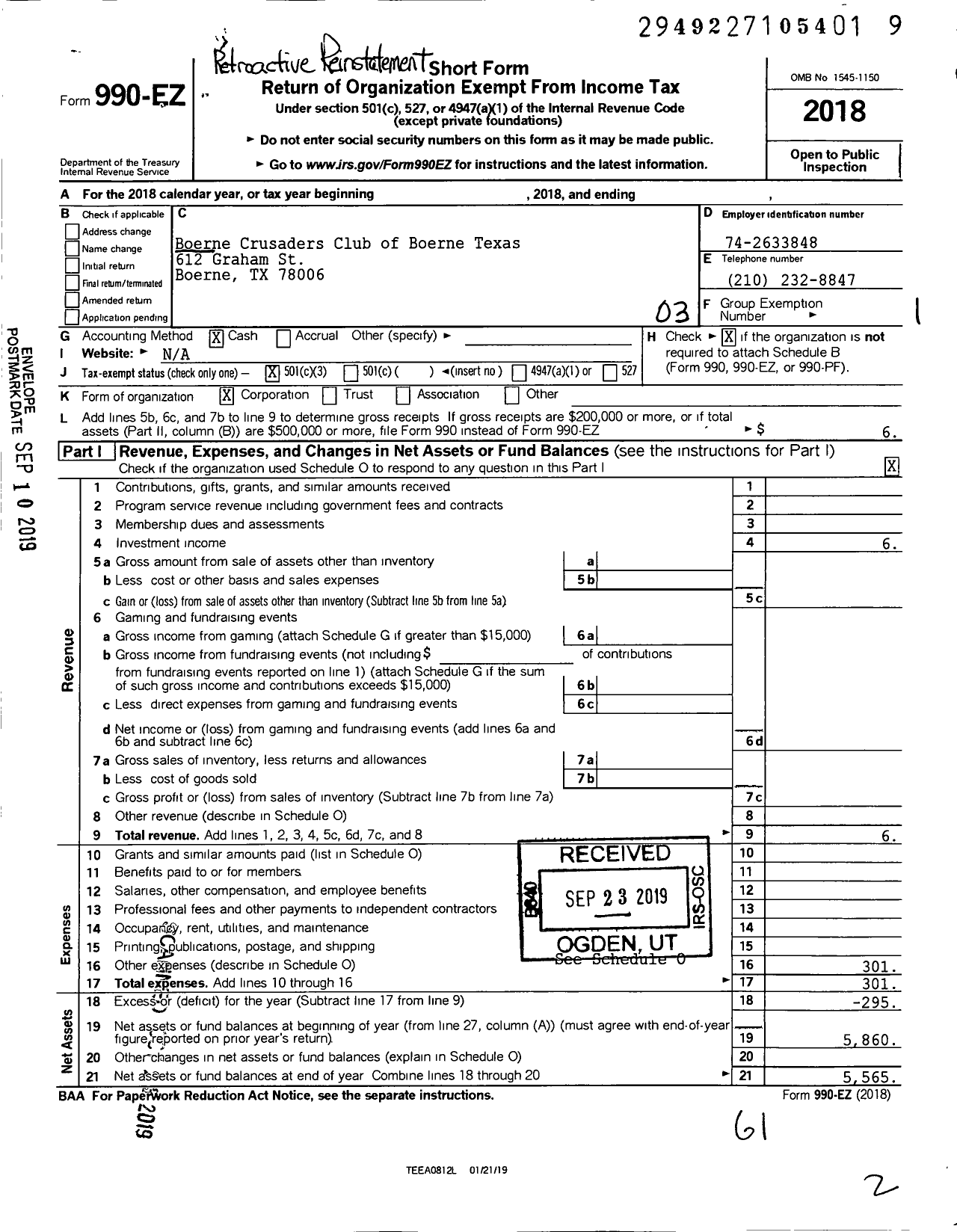 Image of first page of 2018 Form 990EZ for Boerne Crusaders Club of Boerne Texas