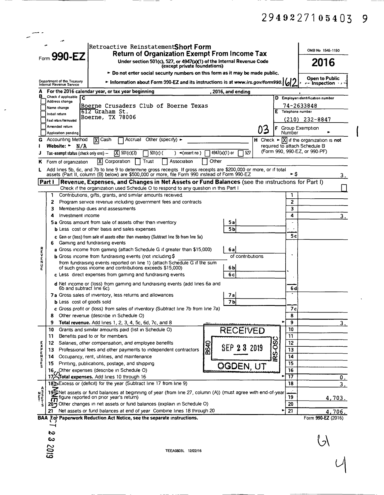 Image of first page of 2016 Form 990EZ for Boerne Crusaders Club of Boerne Texas