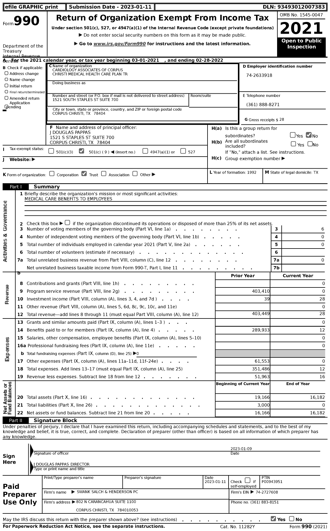 Image of first page of 2021 Form 990 for Cardiology Associates of Corpus Christi Medical Health Care Plan Trust