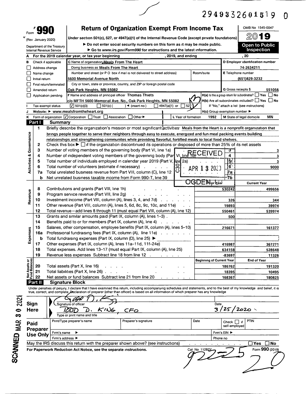 Image of first page of 2019 Form 990 for Meals From the Heart