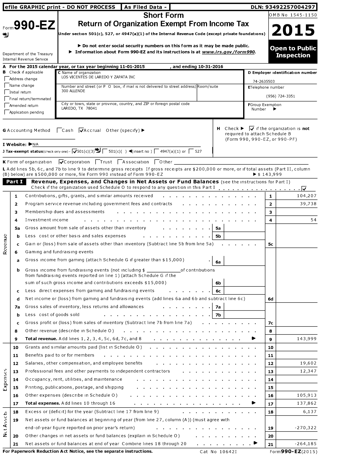 Image of first page of 2015 Form 990EZ for Los Vicentes de Laredo Y Zapata