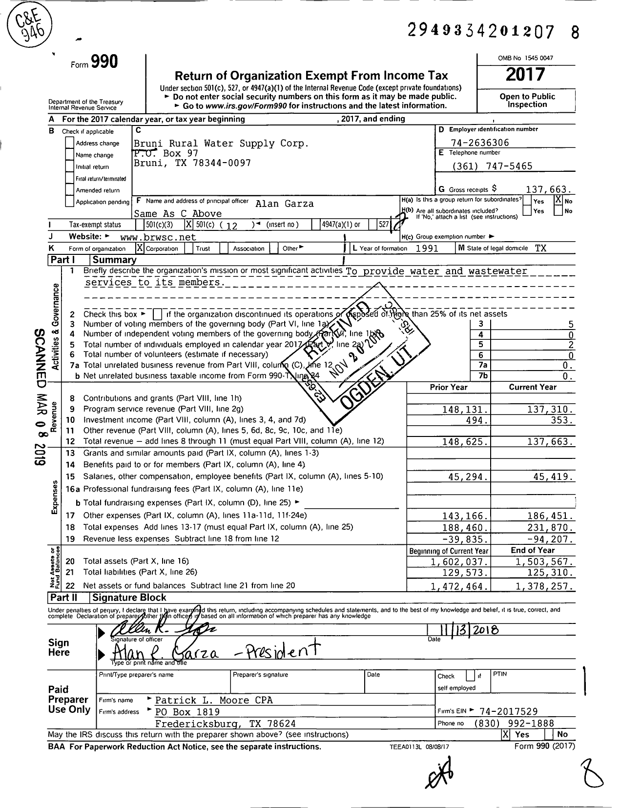 Image of first page of 2017 Form 990O for Bruni Rural Water Supply Corporation