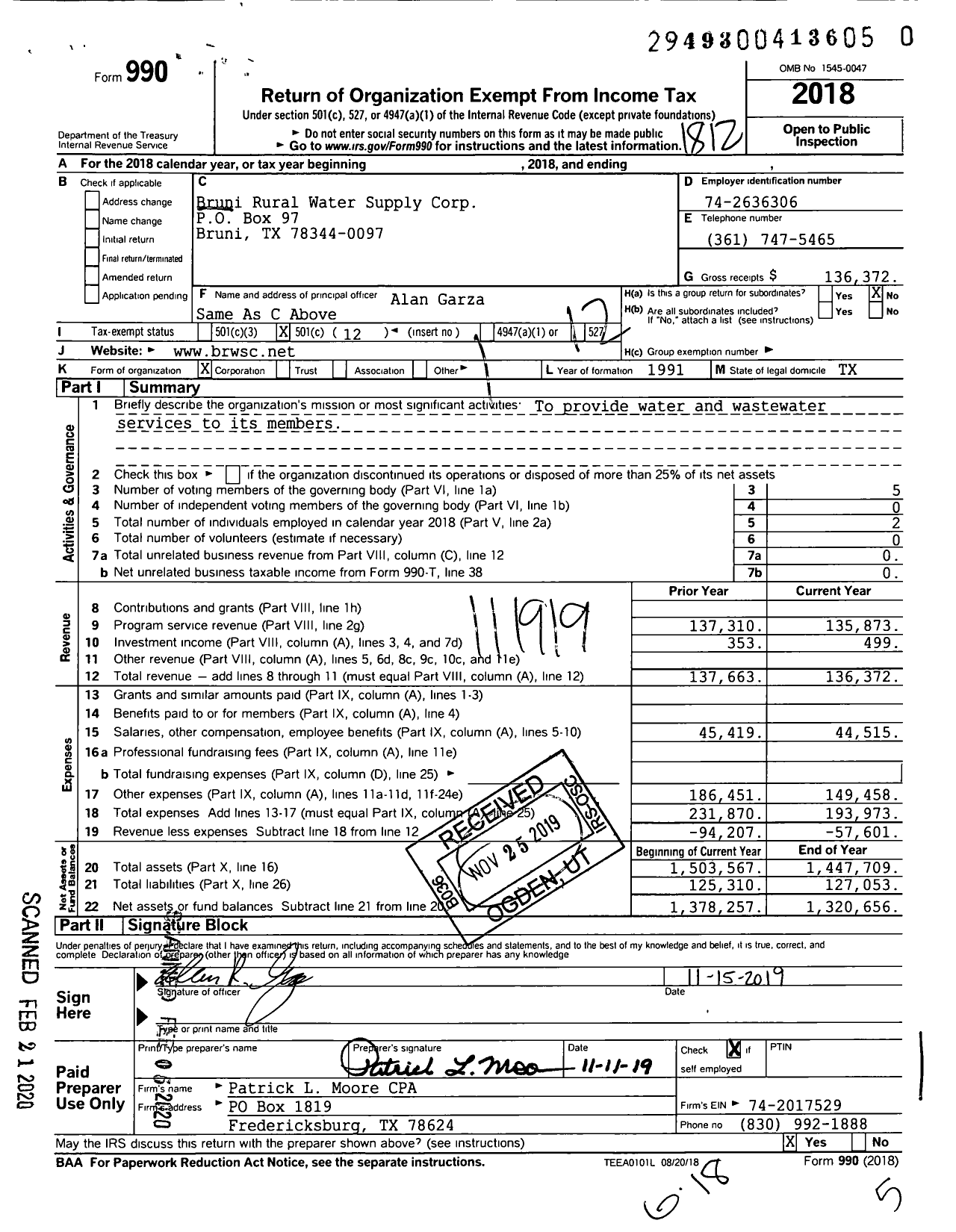 Image of first page of 2018 Form 990O for Bruni Rural Water Supply Corporation