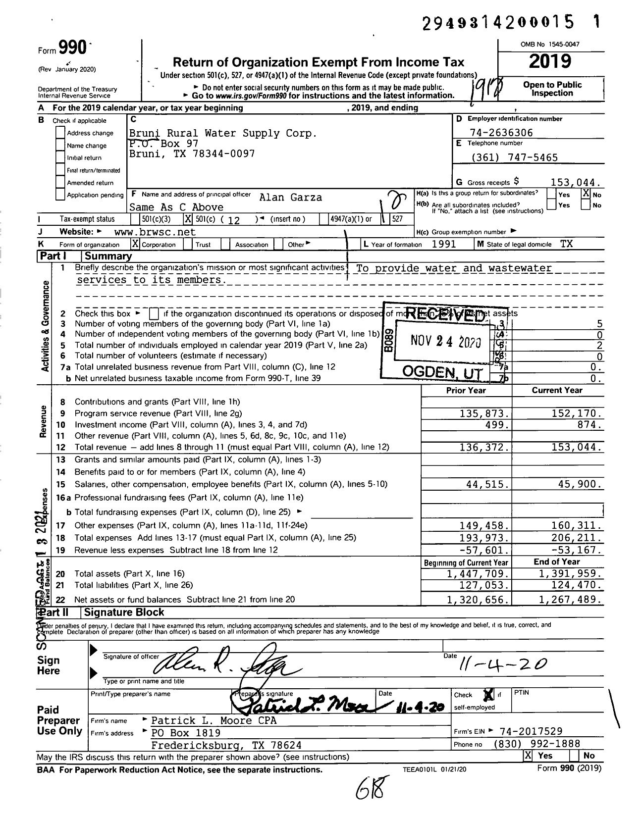 Image of first page of 2019 Form 990O for Bruni Rural Water Supply Corporation