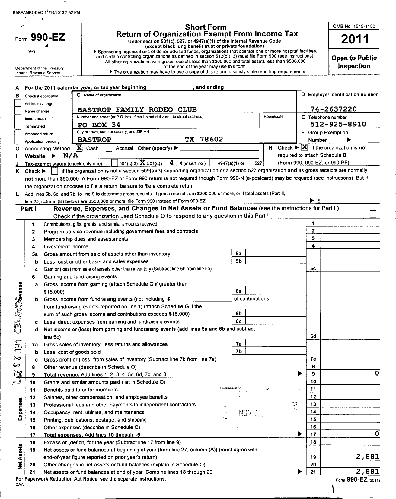 Image of first page of 2011 Form 990EO for Bastrop Family Rodeo Club