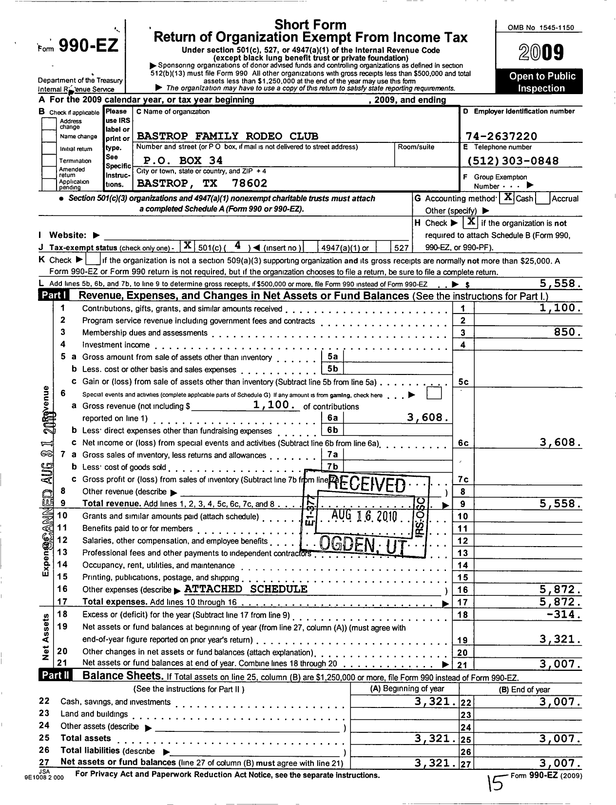 Image of first page of 2009 Form 990EO for Bastrop Family Rodeo Club