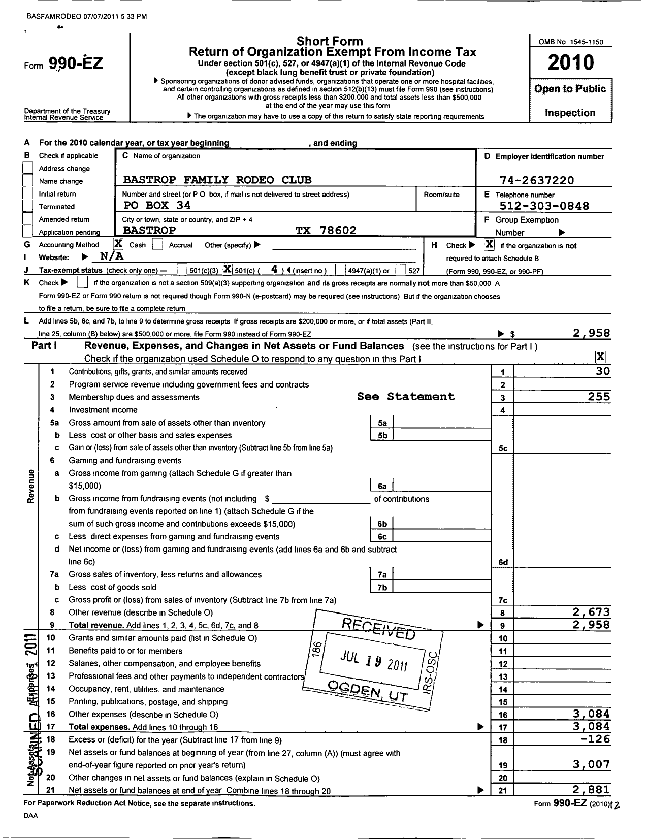 Image of first page of 2010 Form 990EO for Bastrop Family Rodeo Club