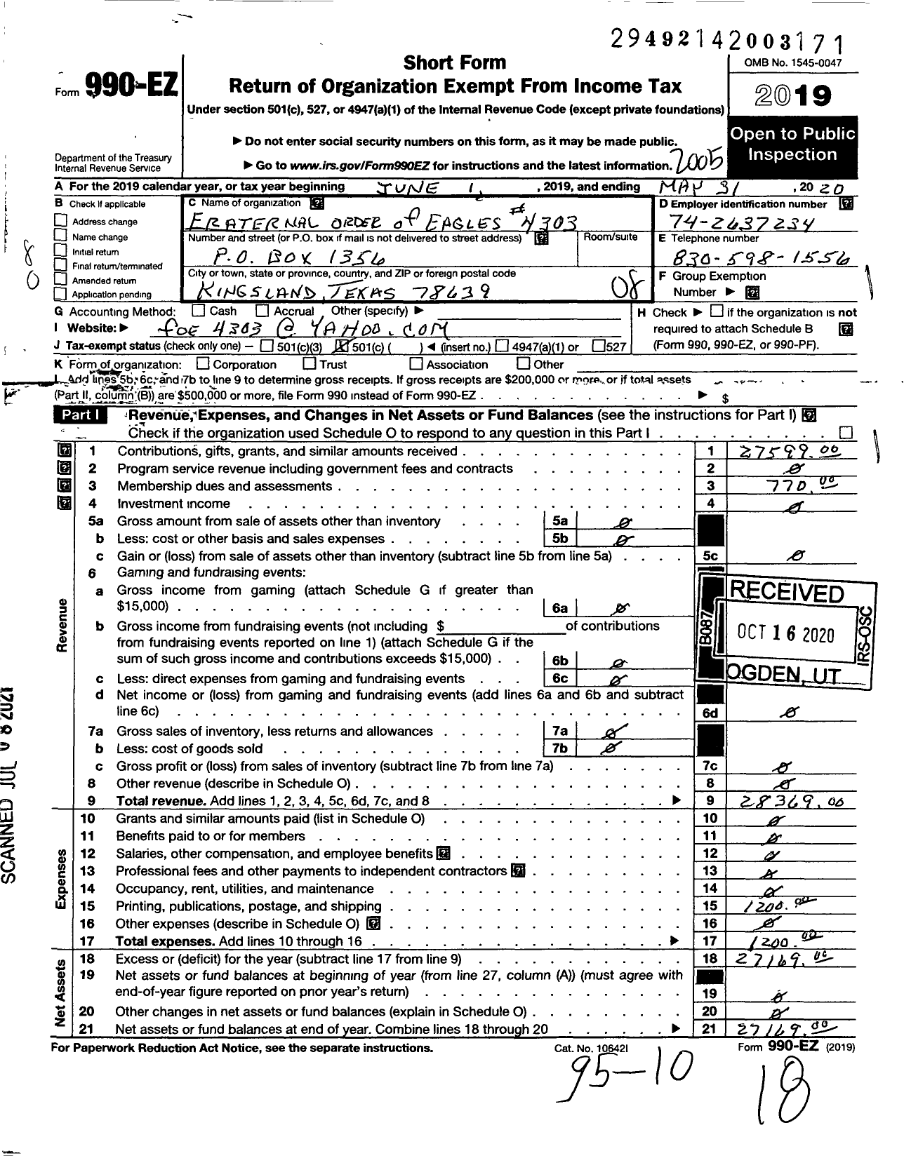 Image of first page of 2019 Form 990EO for Fraternal Order of Eagles - 4303 Aerie