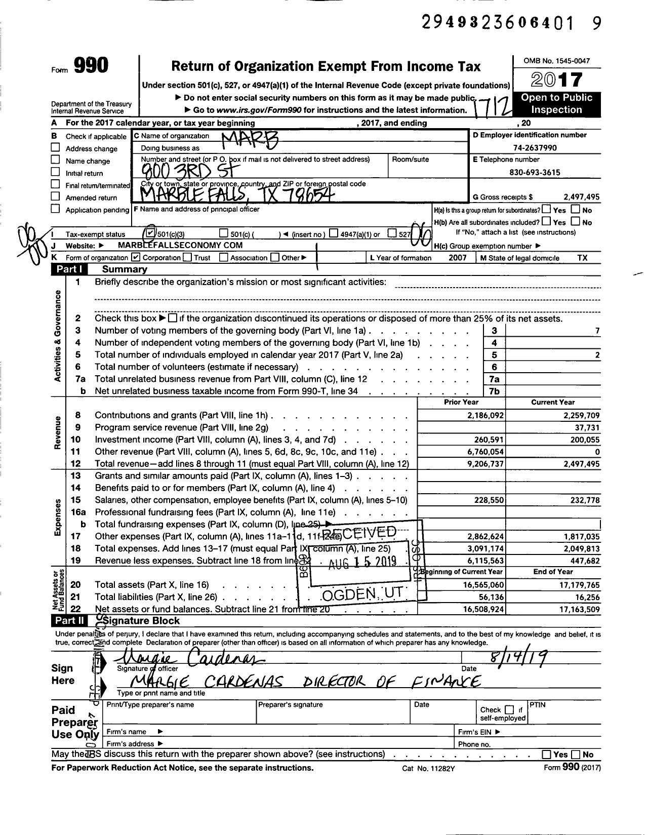 Image of first page of 2017 Form 990O for Marble Falls Economic Development Corporation