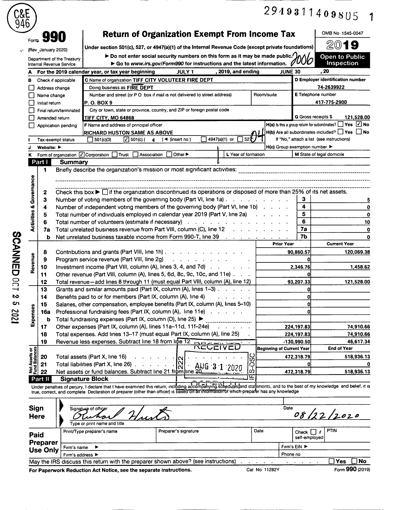 Image of first page of 2019 Form 990O for Tiff City Volunteer Fire Dept