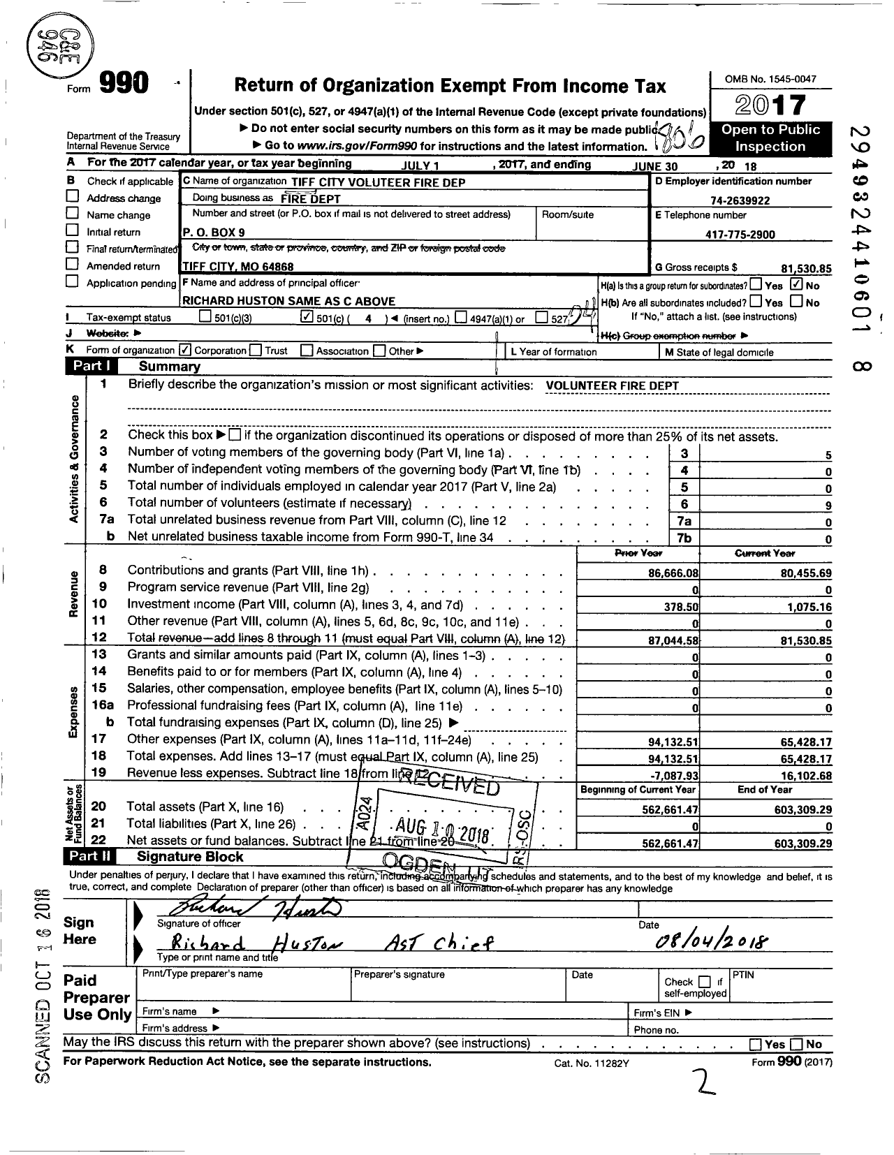 Image of first page of 2017 Form 990O for Tiff City Volunteer Fire Dept