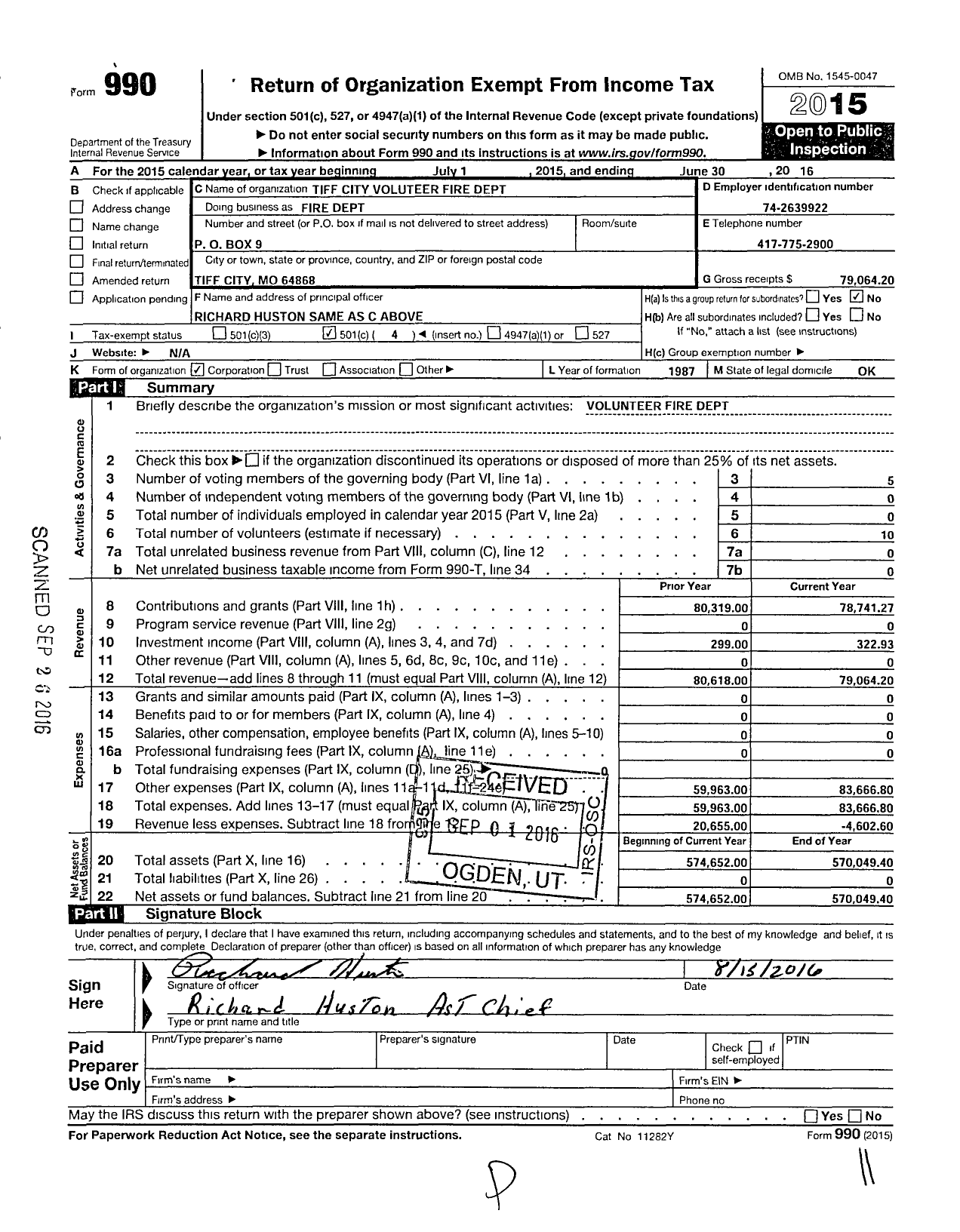 Image of first page of 2015 Form 990O for Tiff City Volunteer Fire Dept