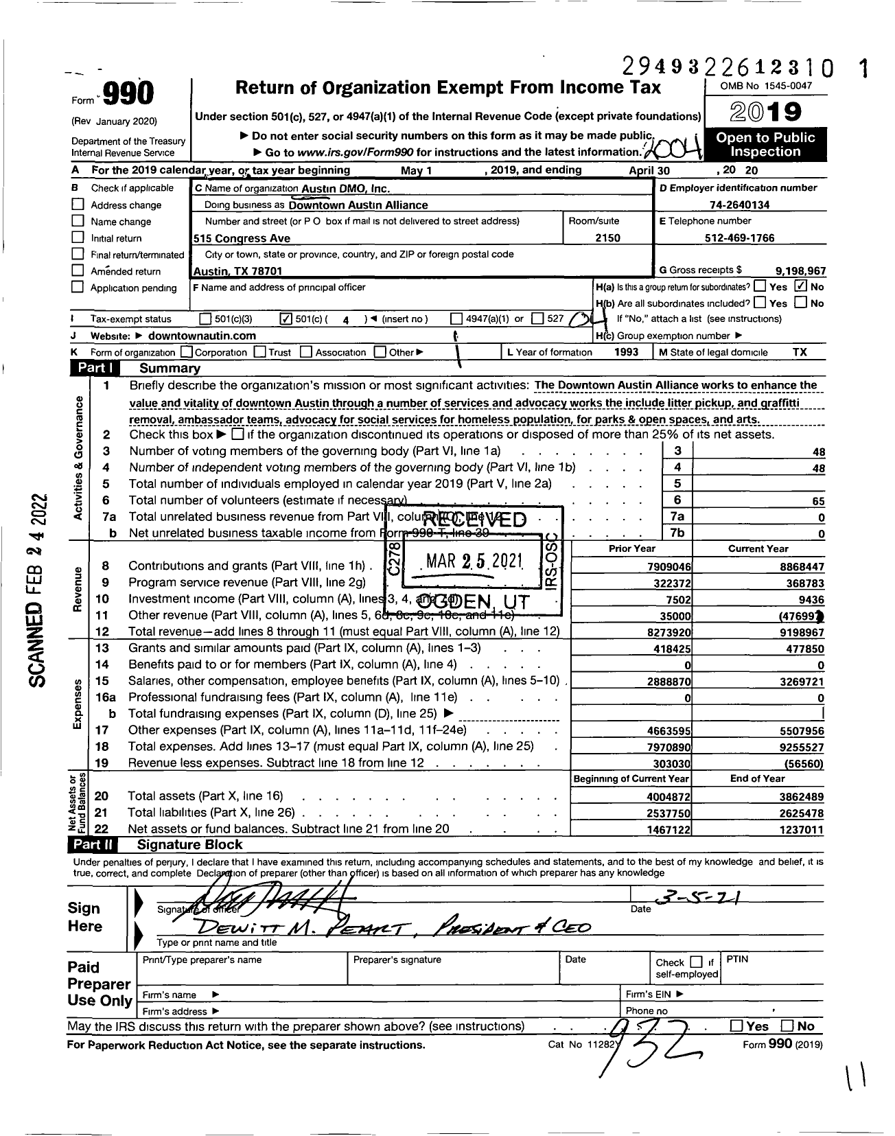 Image of first page of 2019 Form 990O for Downtown Austin Alliance (DAA)