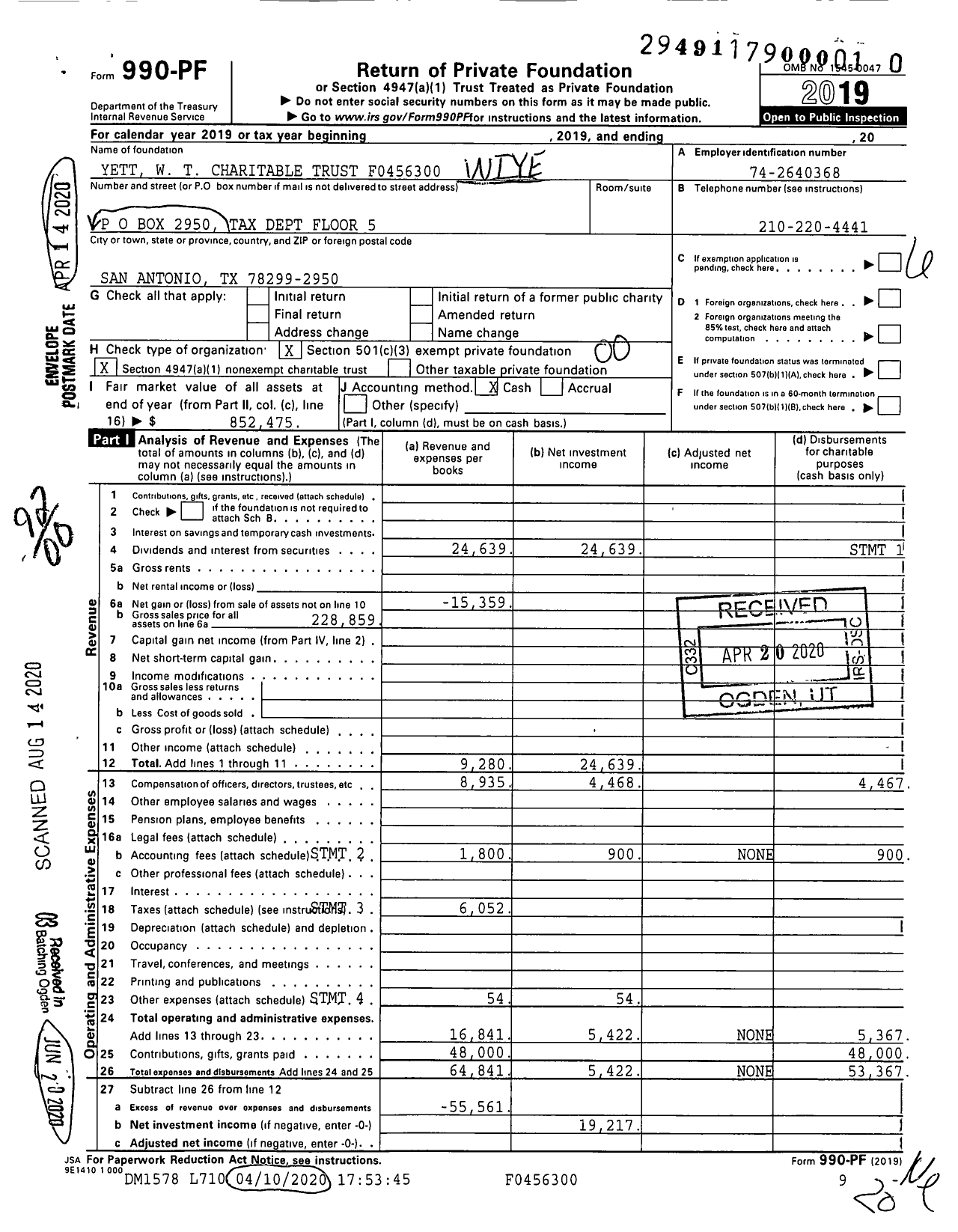 Image of first page of 2019 Form 990PR for Yett W T Charitable Trust F0456300