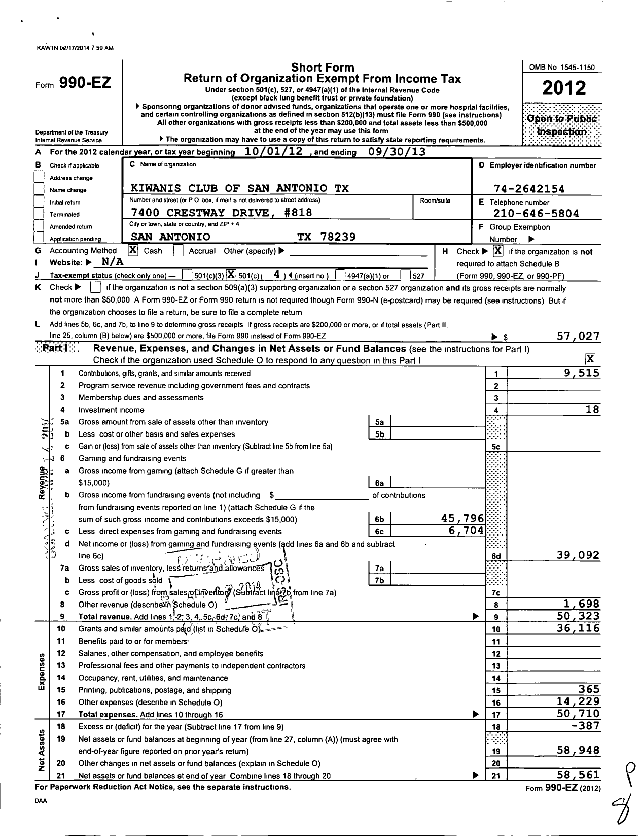 Image of first page of 2012 Form 990EO for Kiwanis International - K13809 San Antonio Army Residence