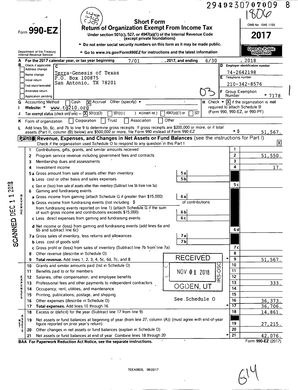 Image of first page of 2017 Form 990EZ for Terra-Genesis of Texas