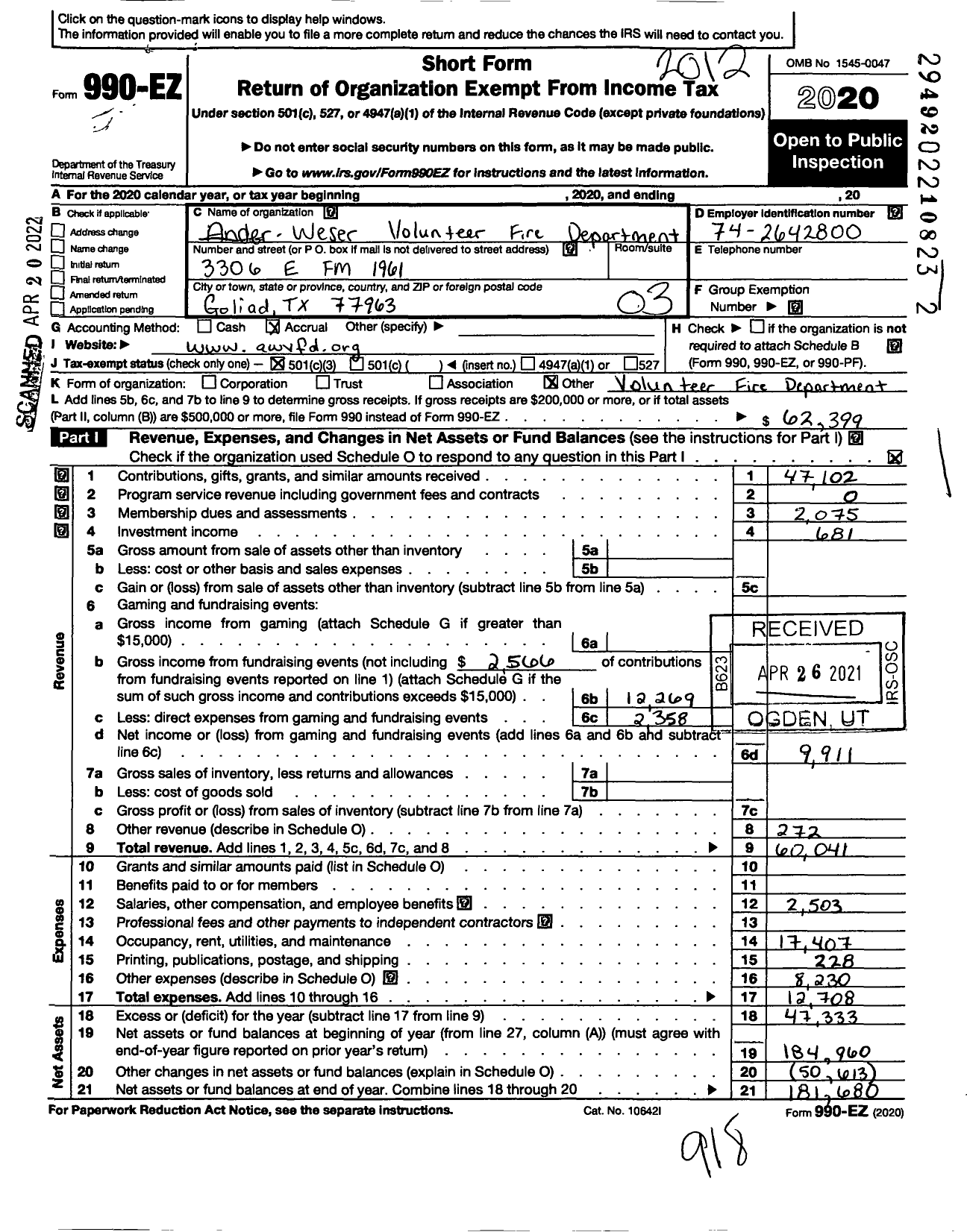 Image of first page of 2020 Form 990EZ for Ander-Weser Volunteer Fire Dept