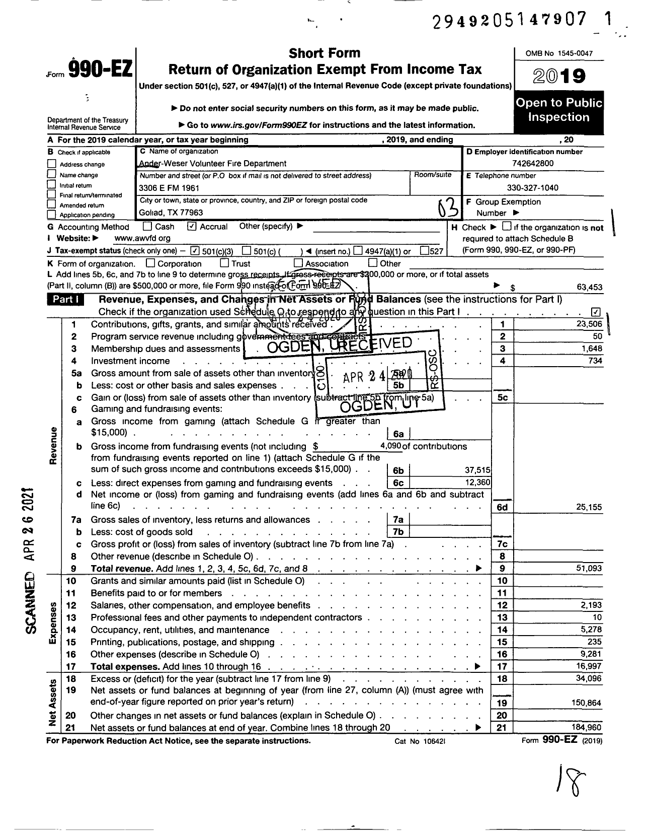 Image of first page of 2019 Form 990EZ for Ander-Weser Volunteer Fire Dept