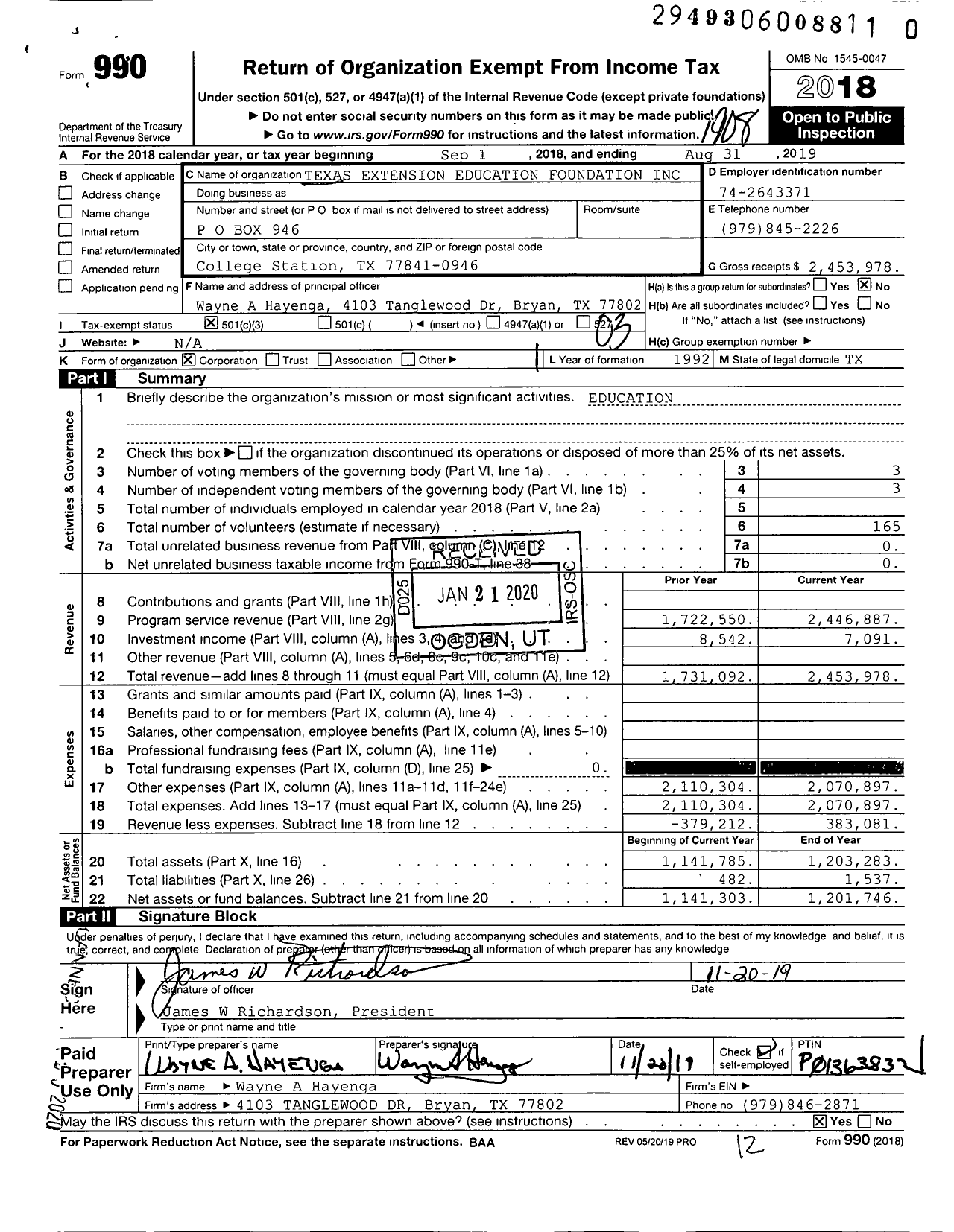 Image of first page of 2018 Form 990 for Texas Extension Education Foundation