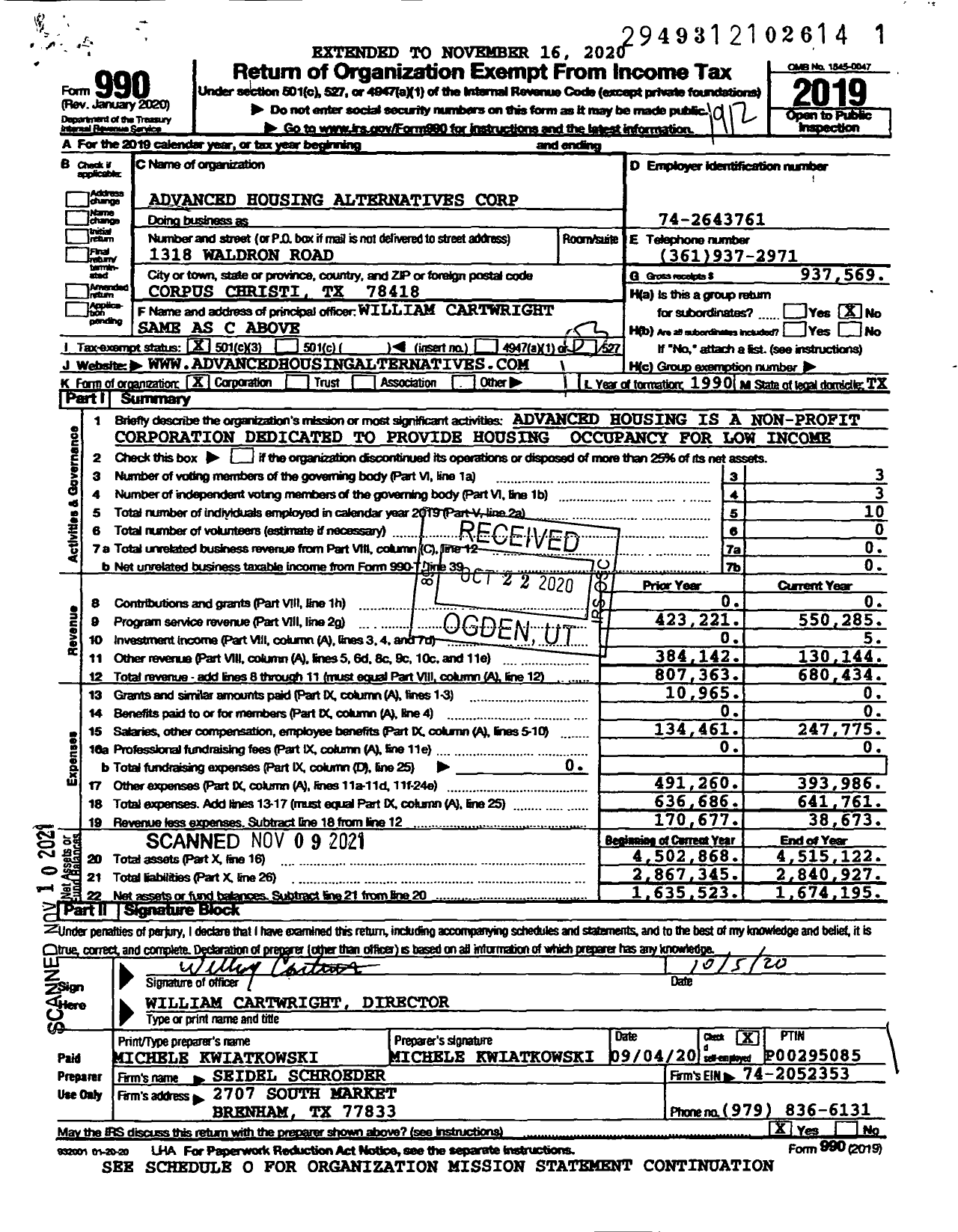 Image of first page of 2019 Form 990 for Advanced Housing Alternatives Corporation