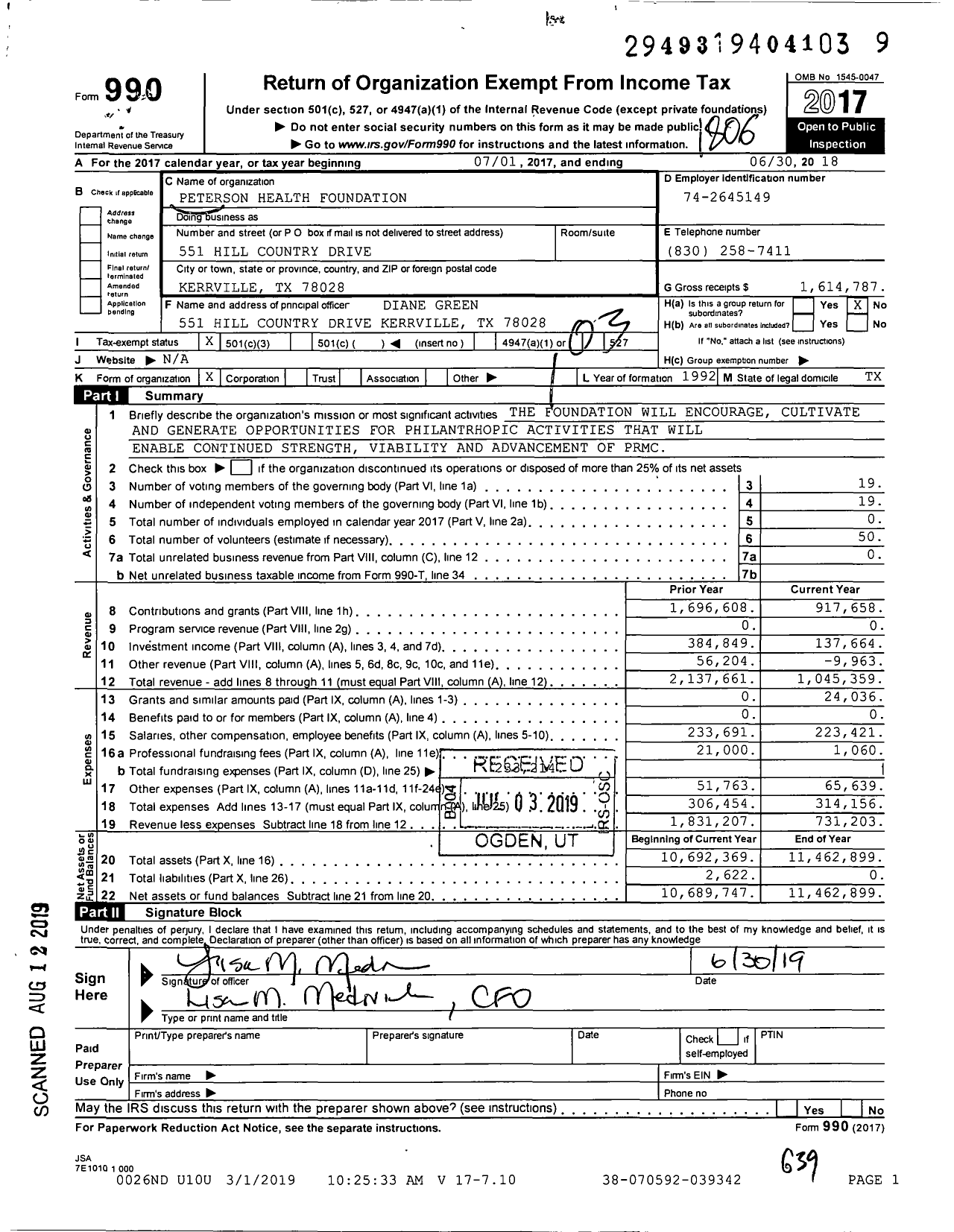 Image of first page of 2017 Form 990 for Peterson Health Foundation