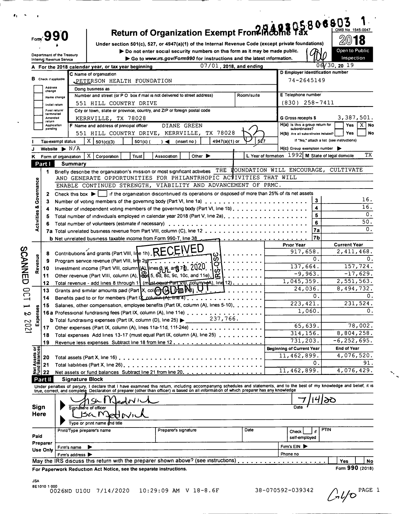 Image of first page of 2018 Form 990 for Peterson Health Foundation