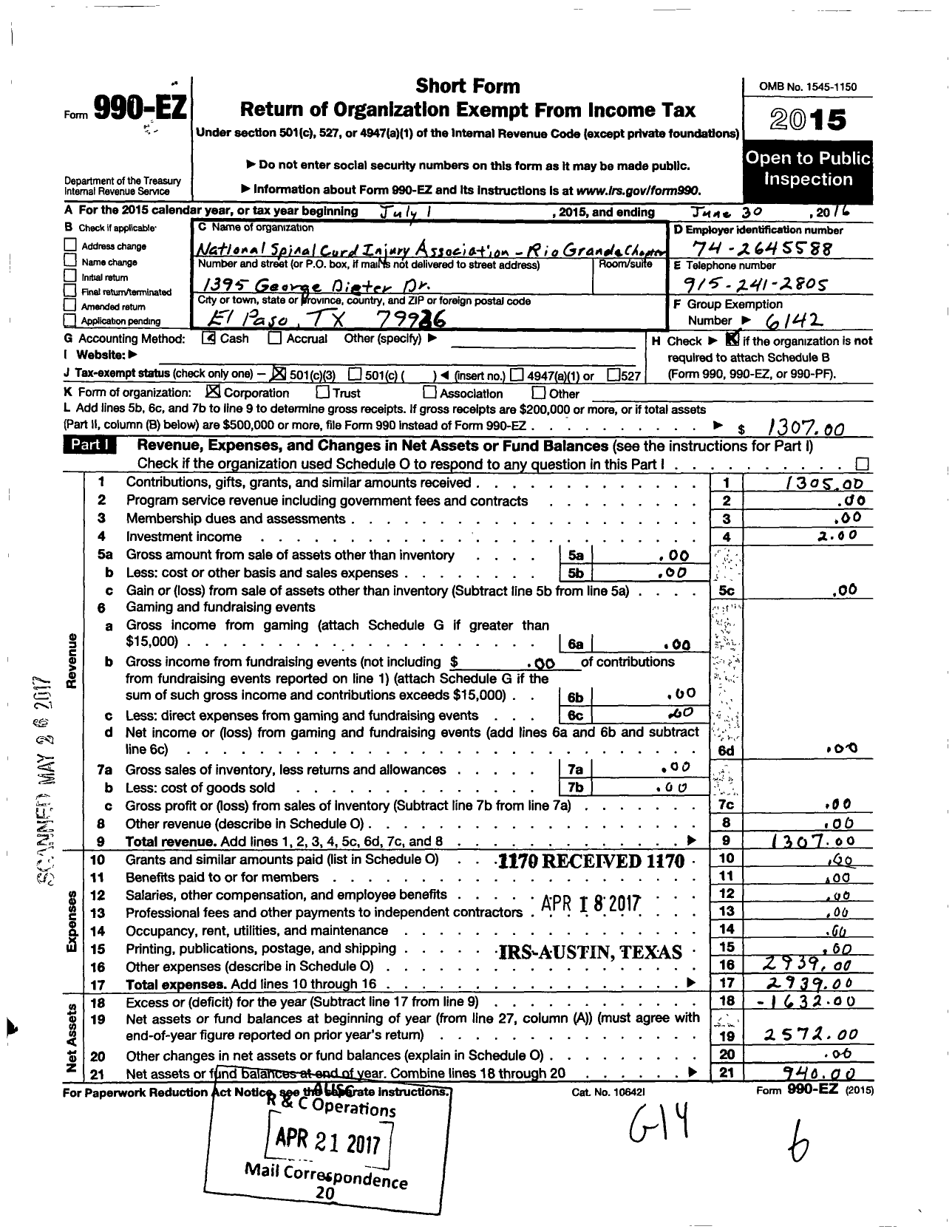Image of first page of 2015 Form 990EZ for National Spinal Cord Injury Association Rio Grande Chapter