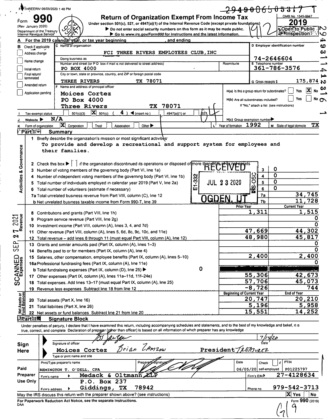 Image of first page of 2019 Form 990O for FCI THREE RIVERS EMPLoyEES CLUB