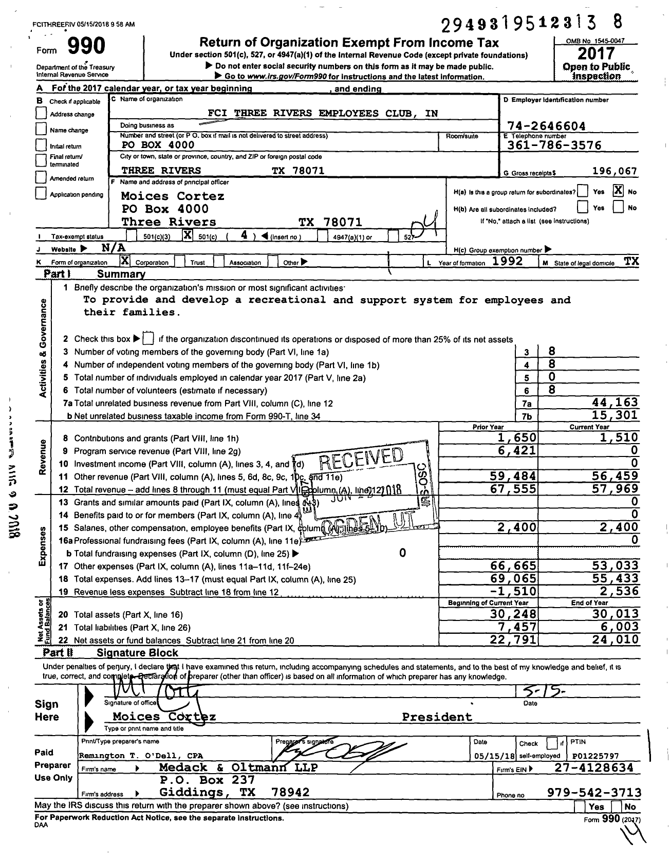 Image of first page of 2017 Form 990O for FCI THREE RIVERS EMPLoyEES CLUB