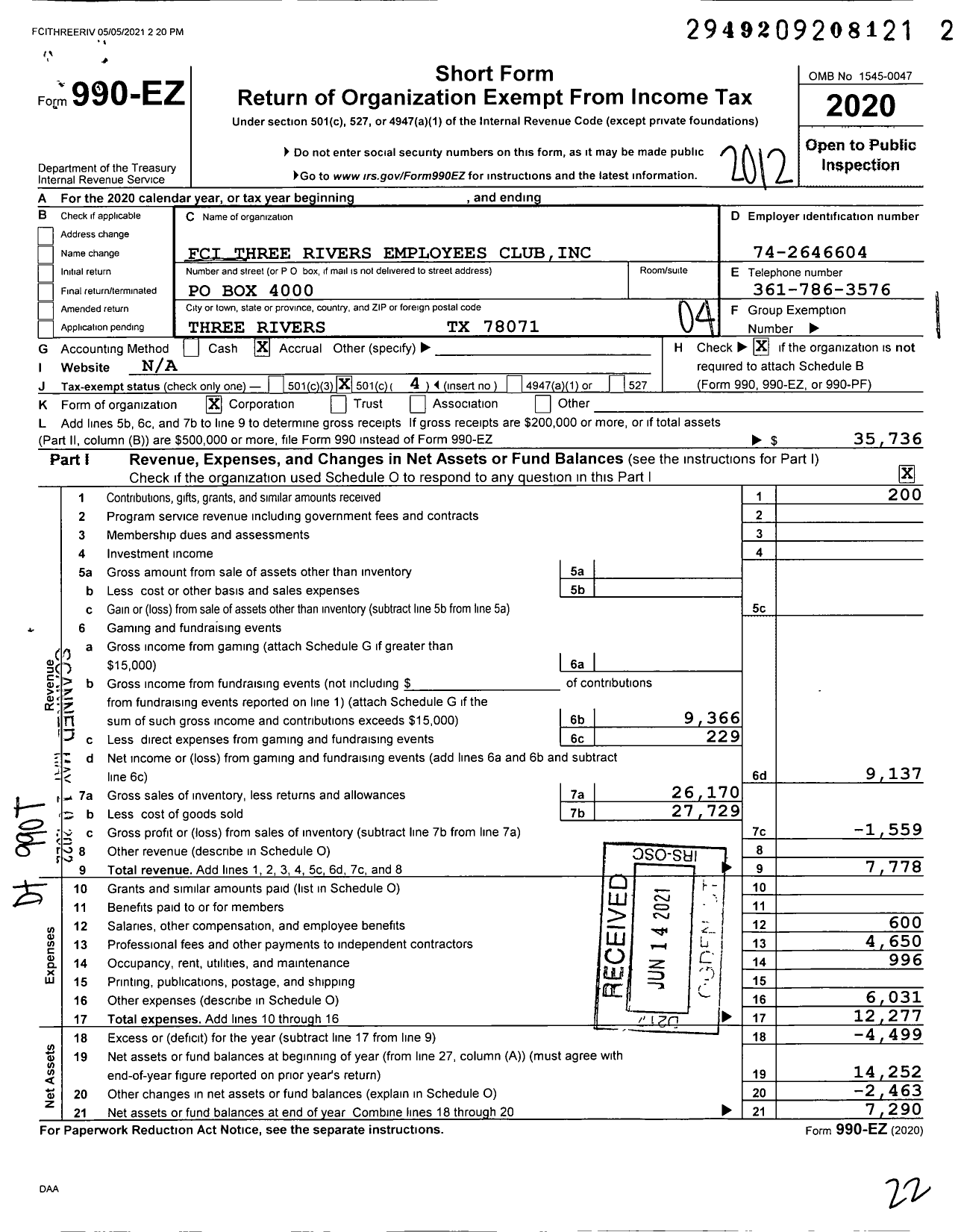 Image of first page of 2020 Form 990EO for FCI THREE RIVERS EMPLoyEES CLUB