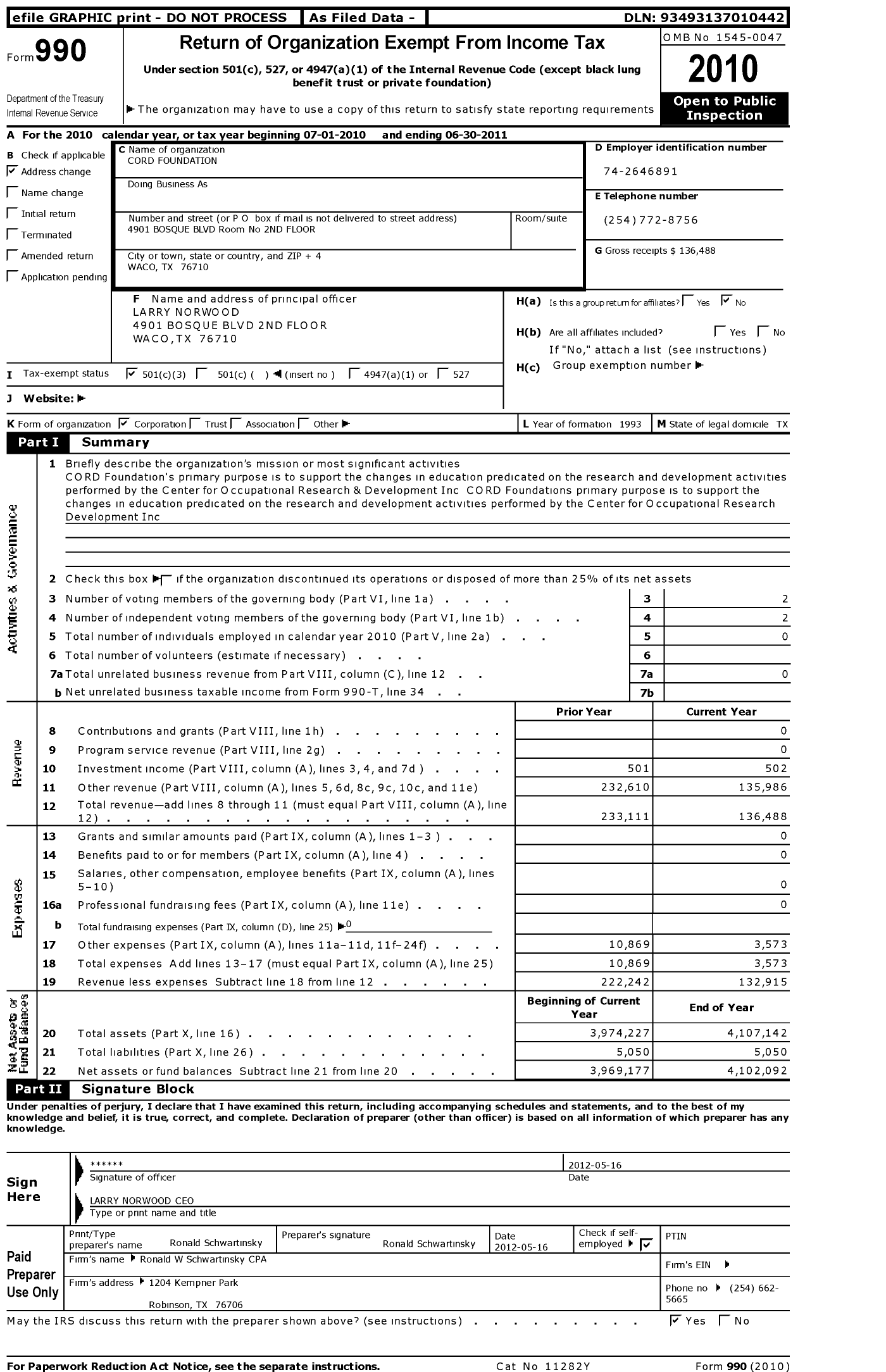 Image of first page of 2010 Form 990 for Cord Foundation