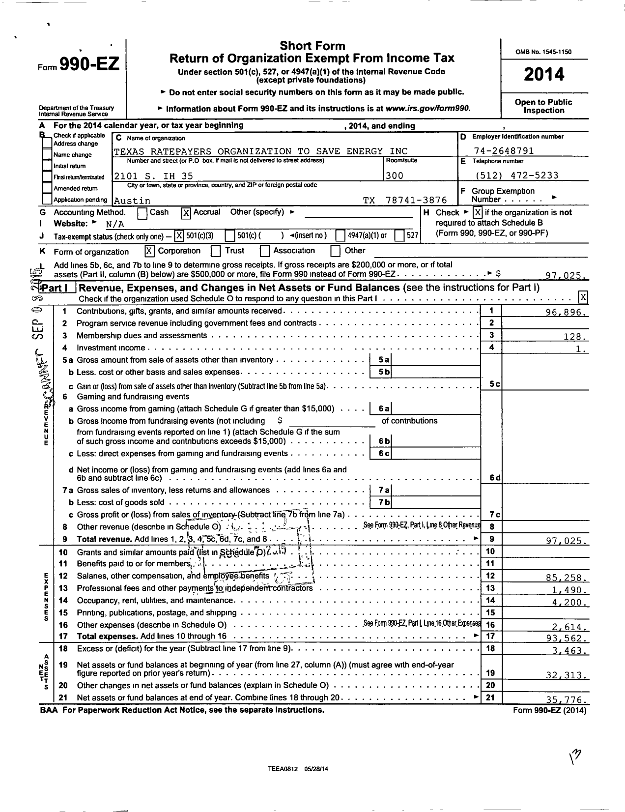 Image of first page of 2014 Form 990EZ for Texas Ratepayers Organization To Save Energy