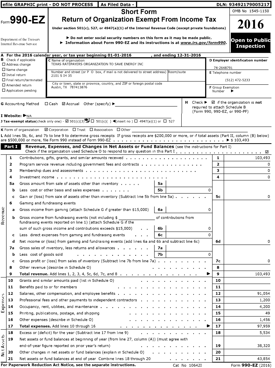 Image of first page of 2016 Form 990EZ for Texas Ratepayers Organization To Save Energy