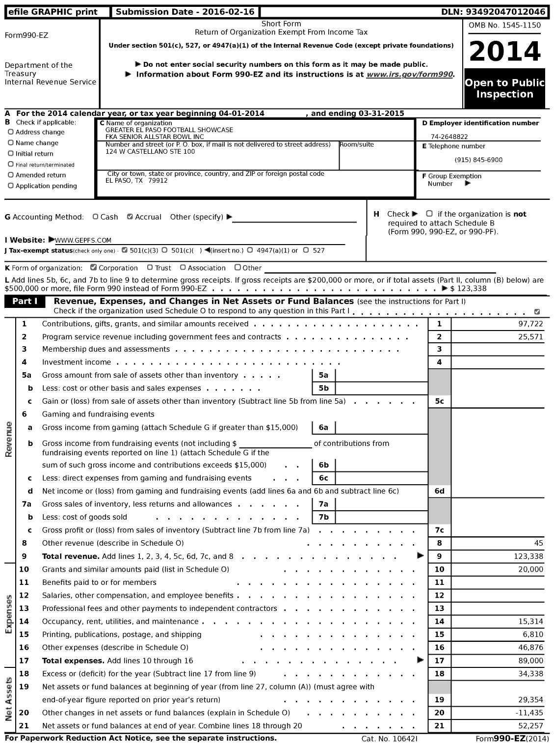 Image of first page of 2014 Form 990EZ for Greater El Paso Football Showcase