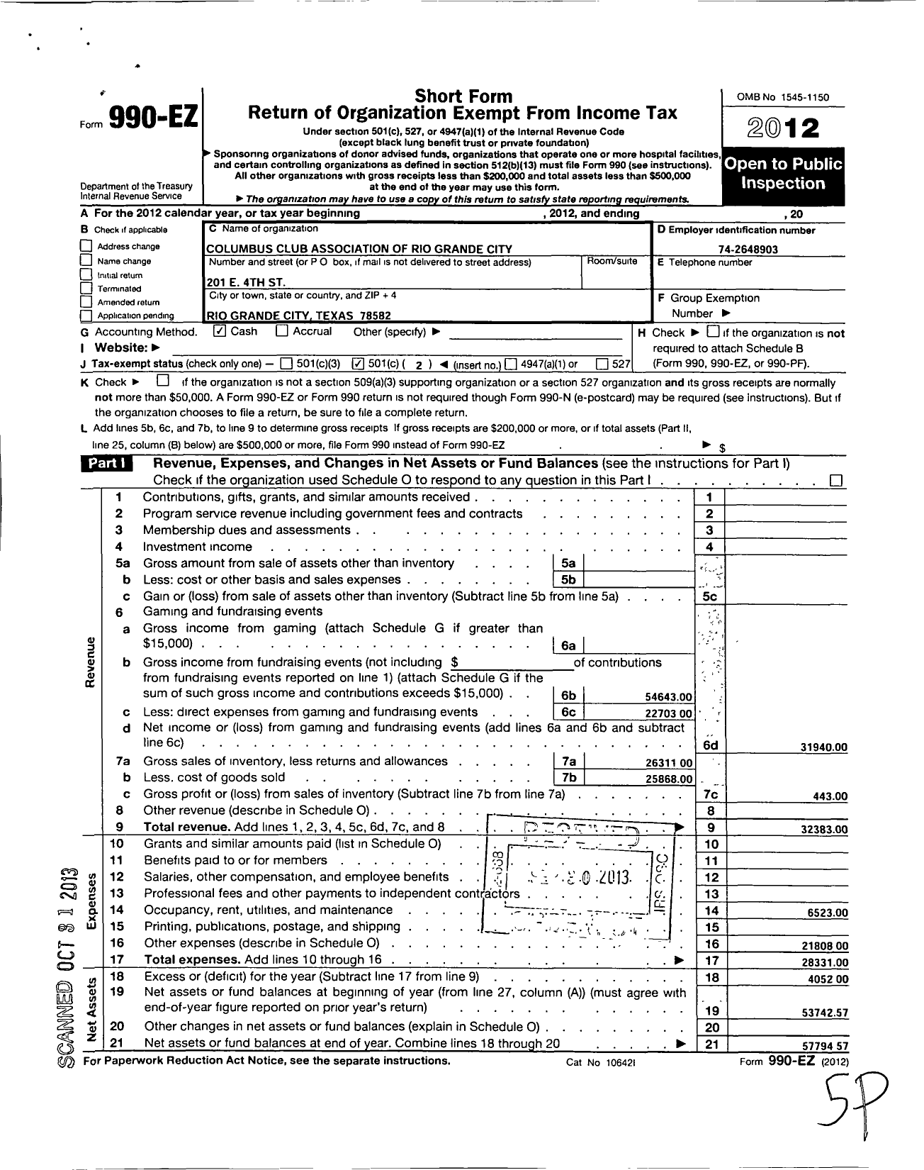 Image of first page of 2012 Form 990EO for Columbus Club Association of Rio Grande City Texas