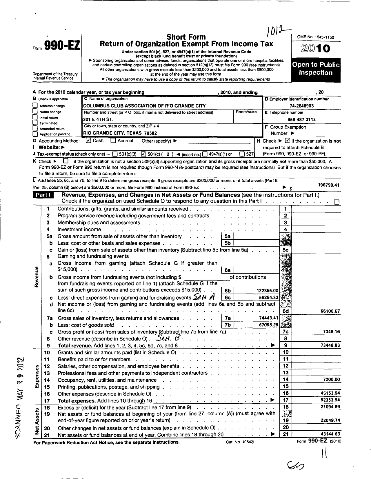 Image of first page of 2010 Form 990EO for Columbus Club Association of Rio Grande City Texas