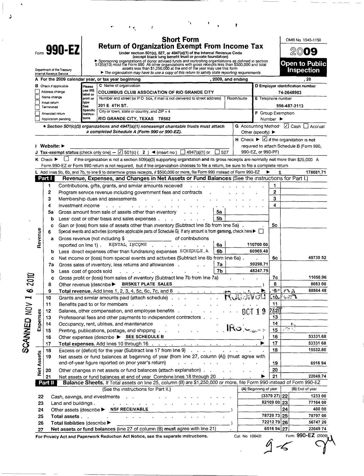 Image of first page of 2009 Form 990EO for Columbus Club Association of Rio Grande City Texas