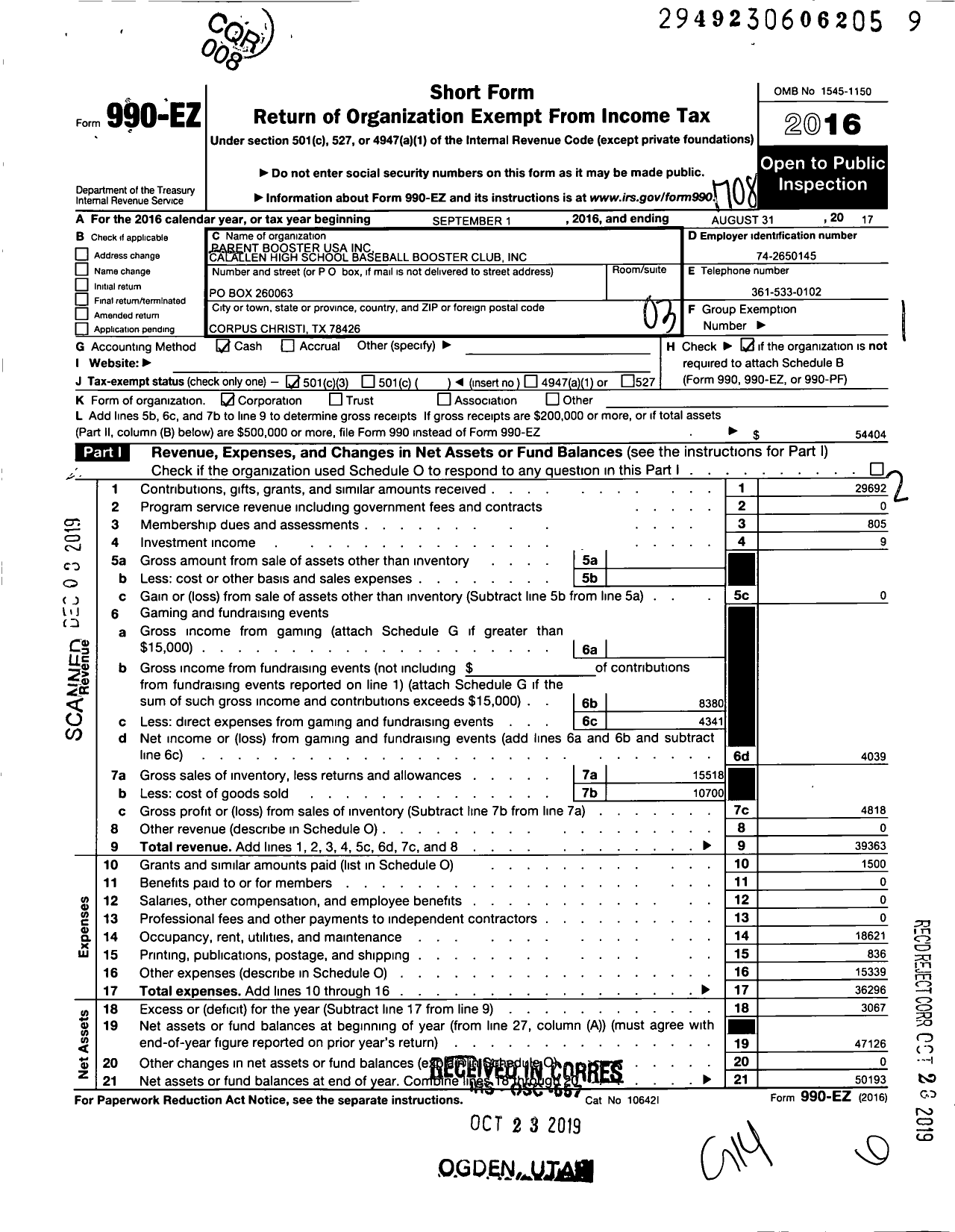 Image of first page of 2016 Form 990EZ for Parent Booster USA Calallen High School Baseball Boost