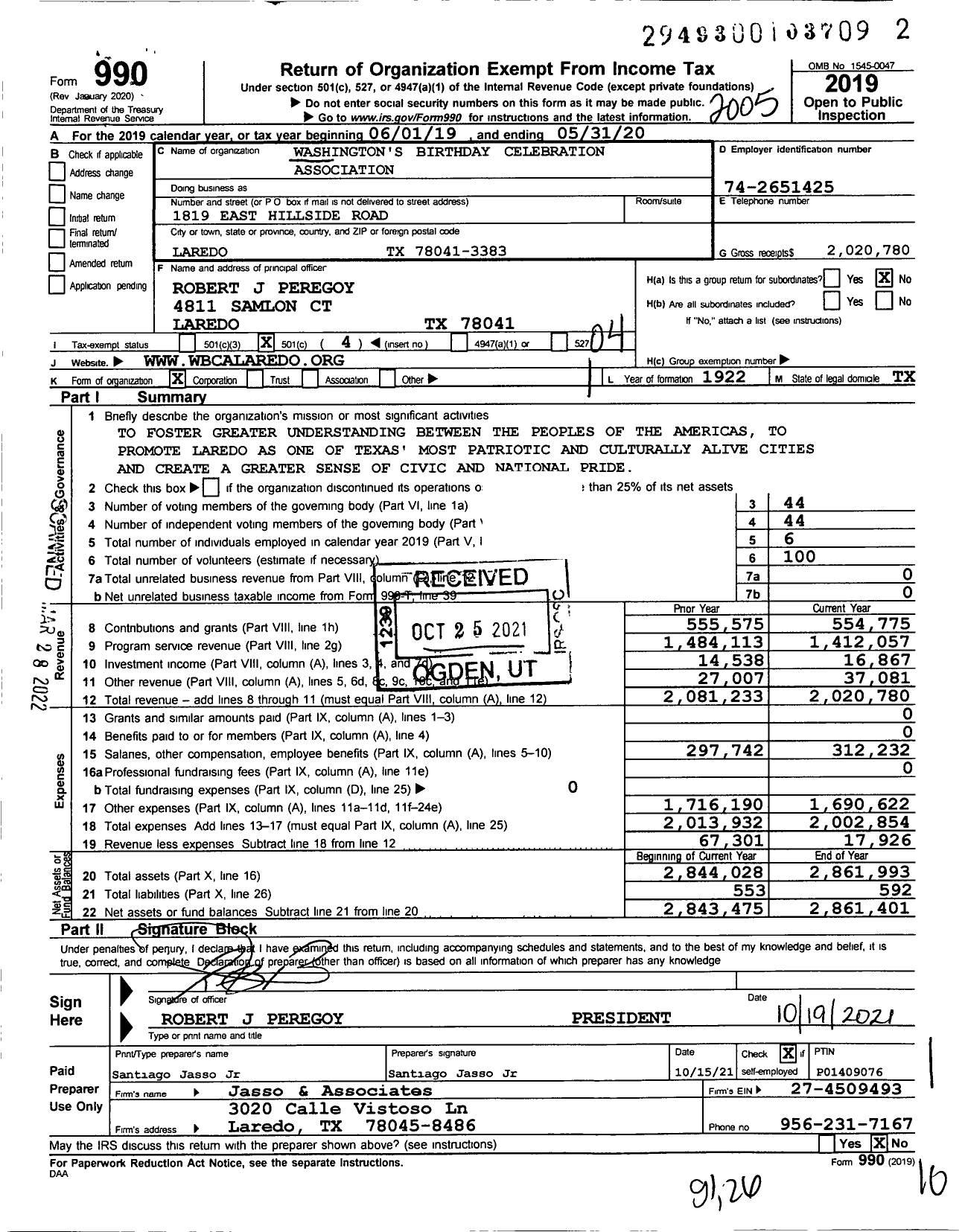 Image of first page of 2019 Form 990O for Washington's Birthday Celebration Association of Laredo (WBCA)