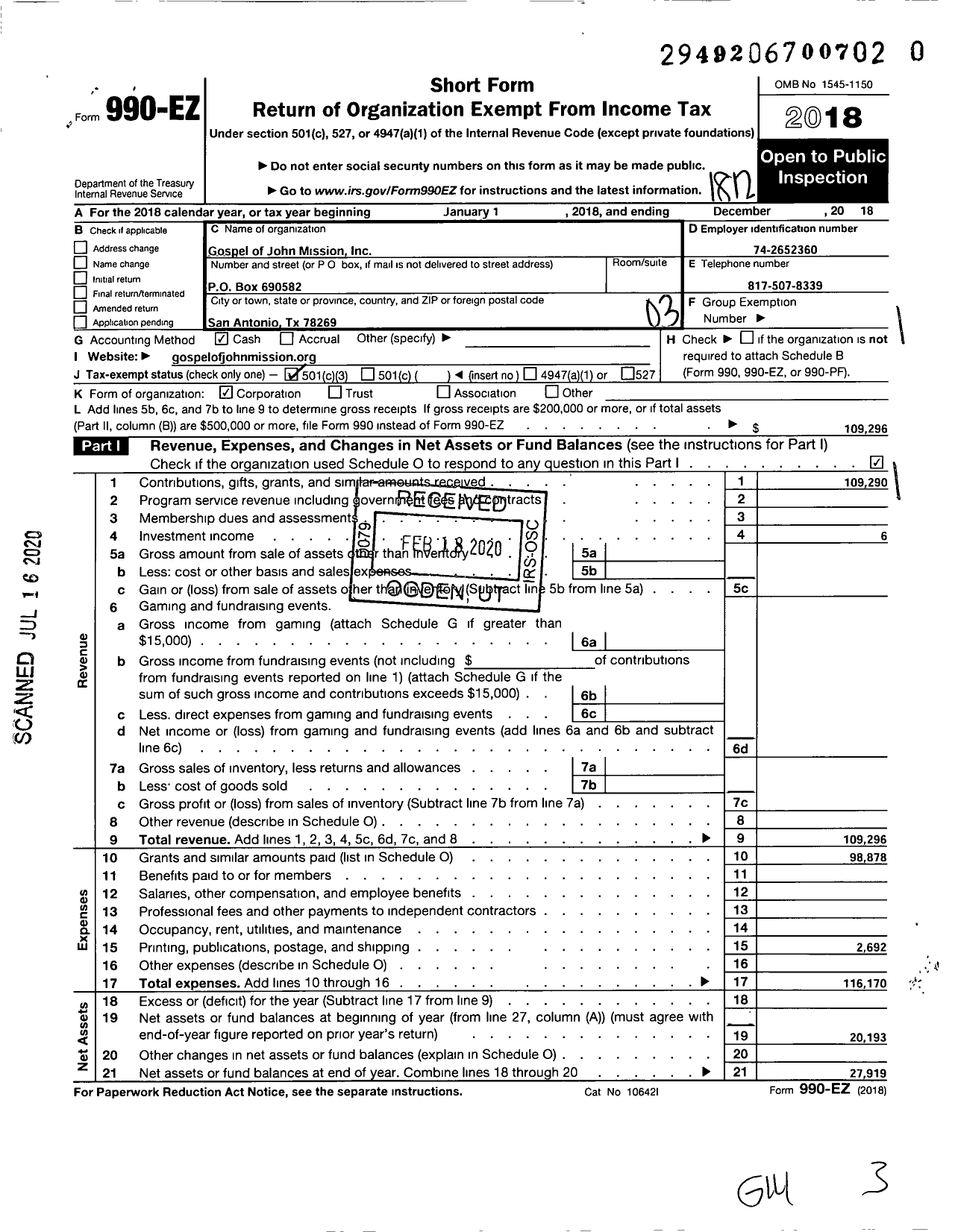 Image of first page of 2018 Form 990EZ for Gospel of John Mission