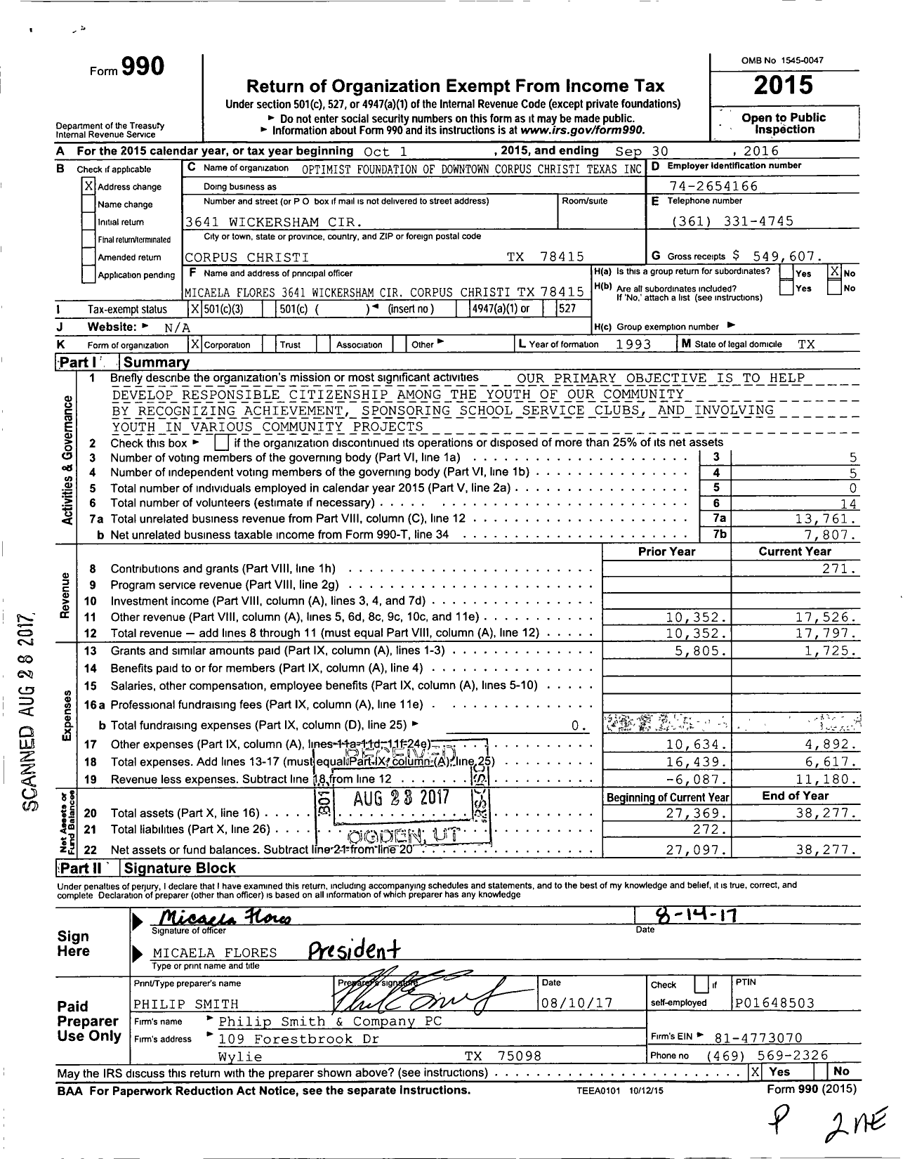 Image of first page of 2015 Form 990 for Optimist Foundation of Downtown Corpus Christi Texas