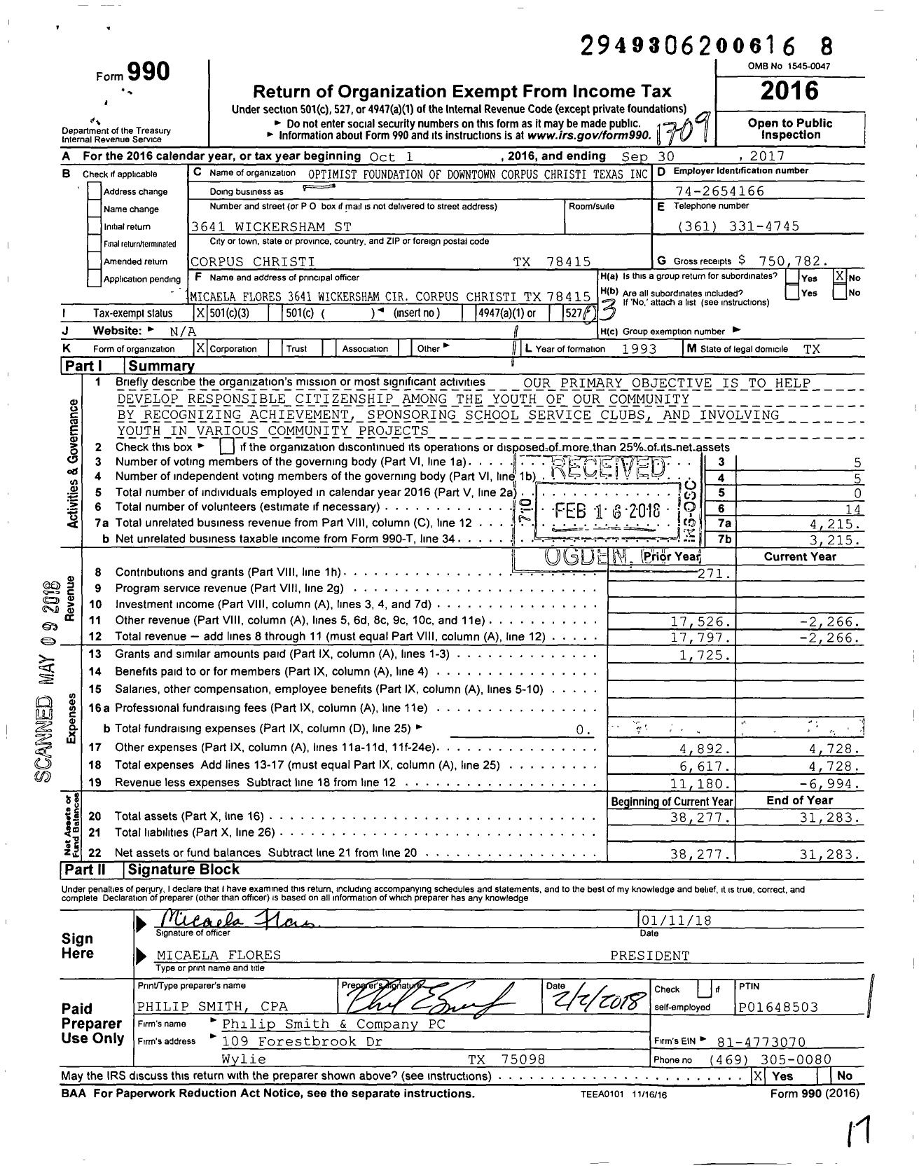 Image of first page of 2016 Form 990 for Optimist Foundation of Downtown Corpus Christi Texas