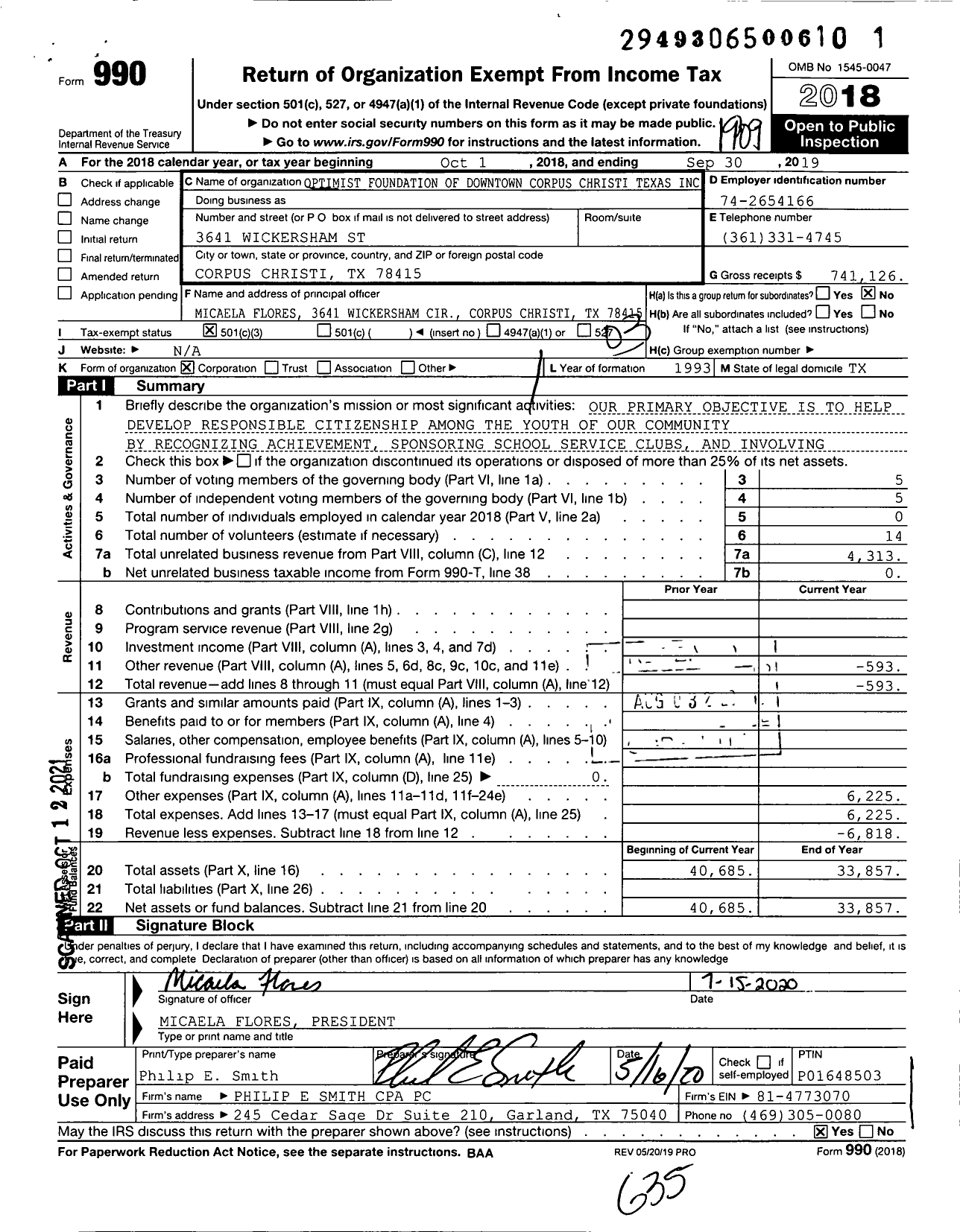 Image of first page of 2018 Form 990 for Optimist Foundation of Downtown Corpus Christi Texas