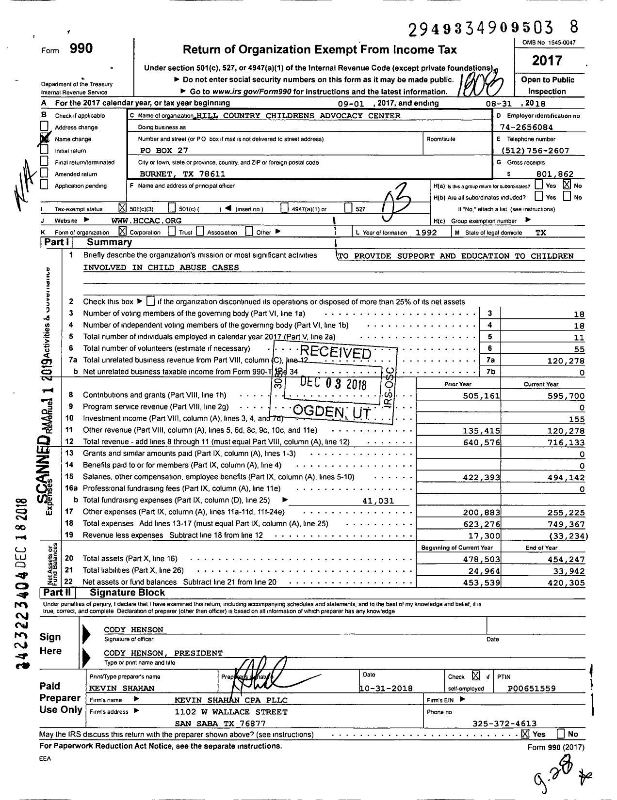 Image of first page of 2017 Form 990 for Hill Country Childrens Advocacy Center