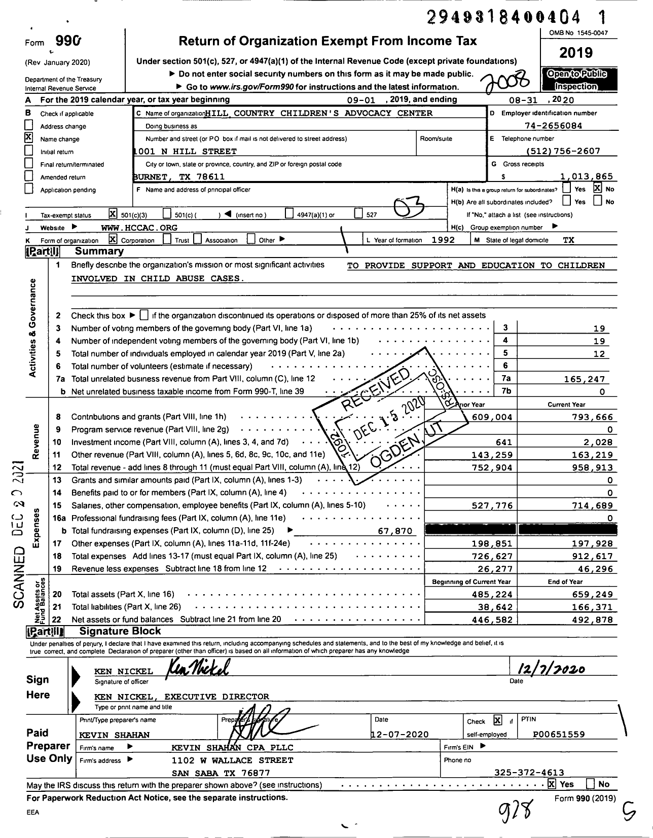 Image of first page of 2019 Form 990 for Hill Country Childrens Advocacy Center