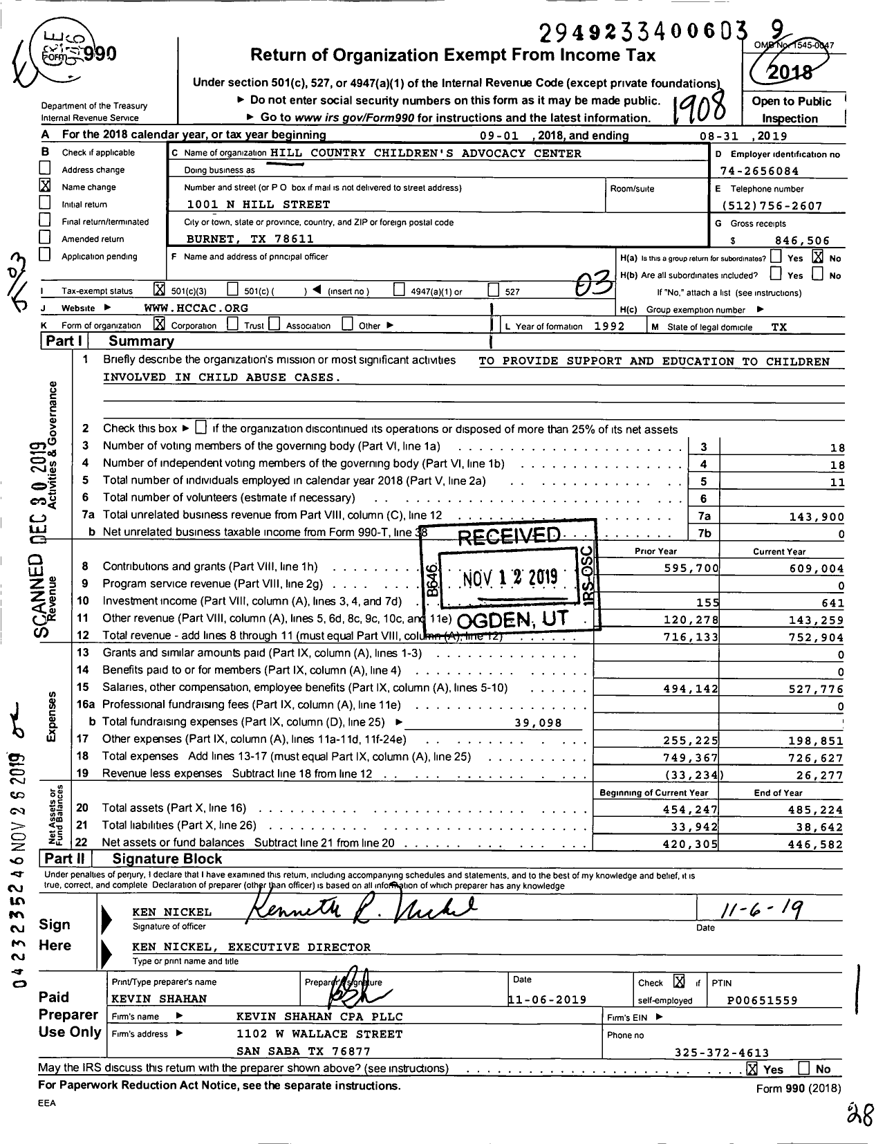 Image of first page of 2018 Form 990 for Hill Country Childrens Advocacy Center