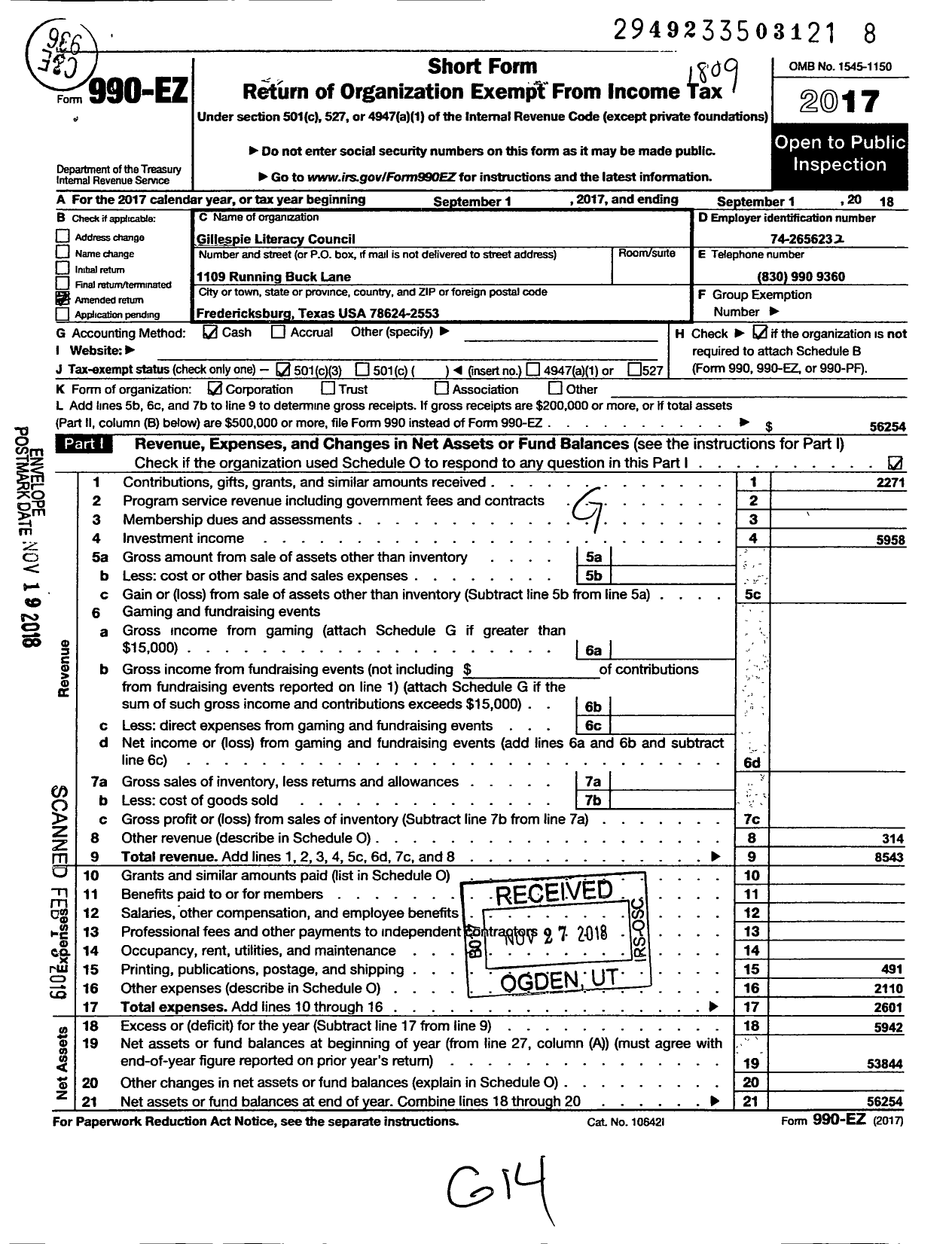 Image of first page of 2017 Form 990EZ for Gillespie Literacy Council