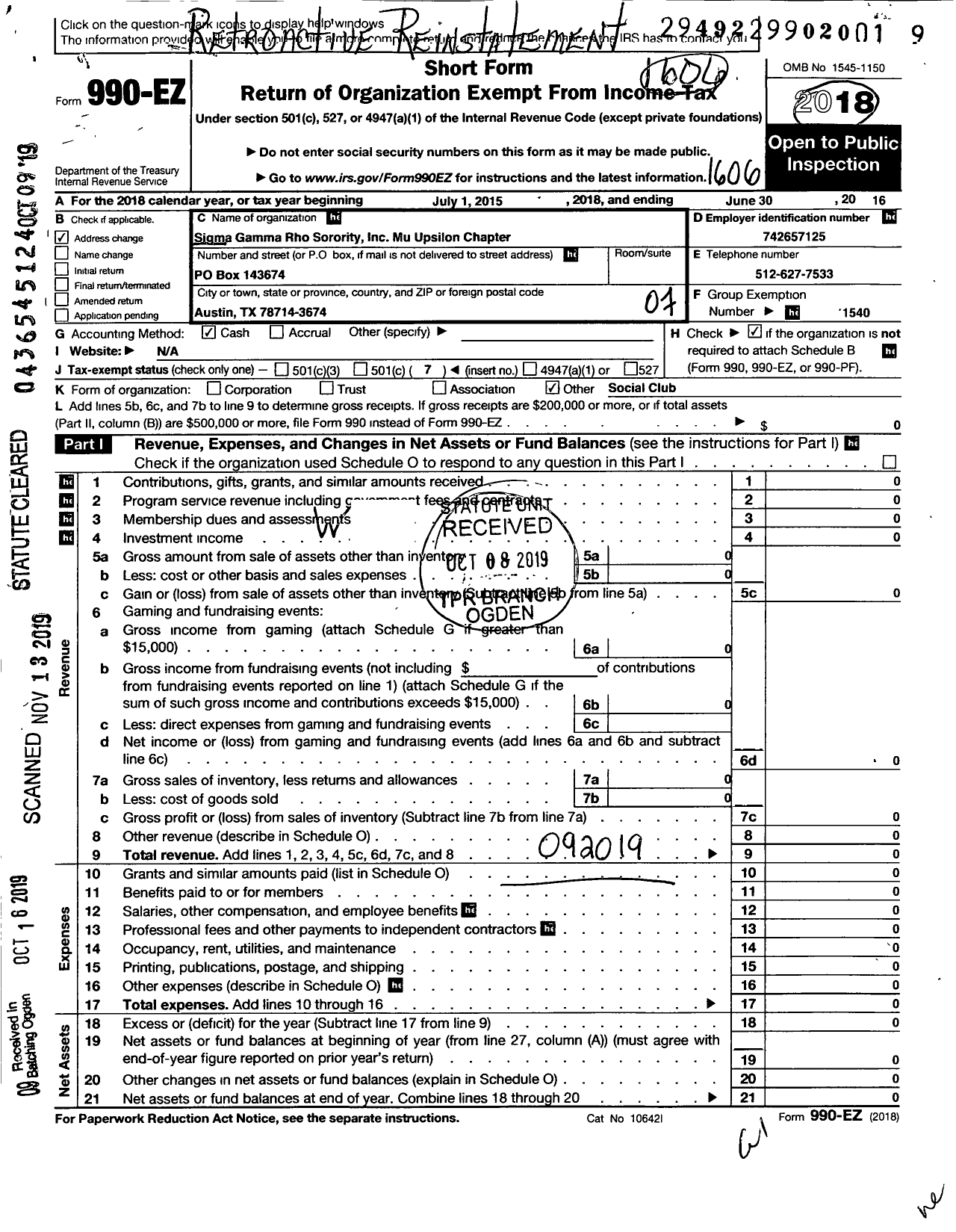 Image of first page of 2015 Form 990EO for Sigma Gamma Rho Sorority Mu Upsilon Chapter